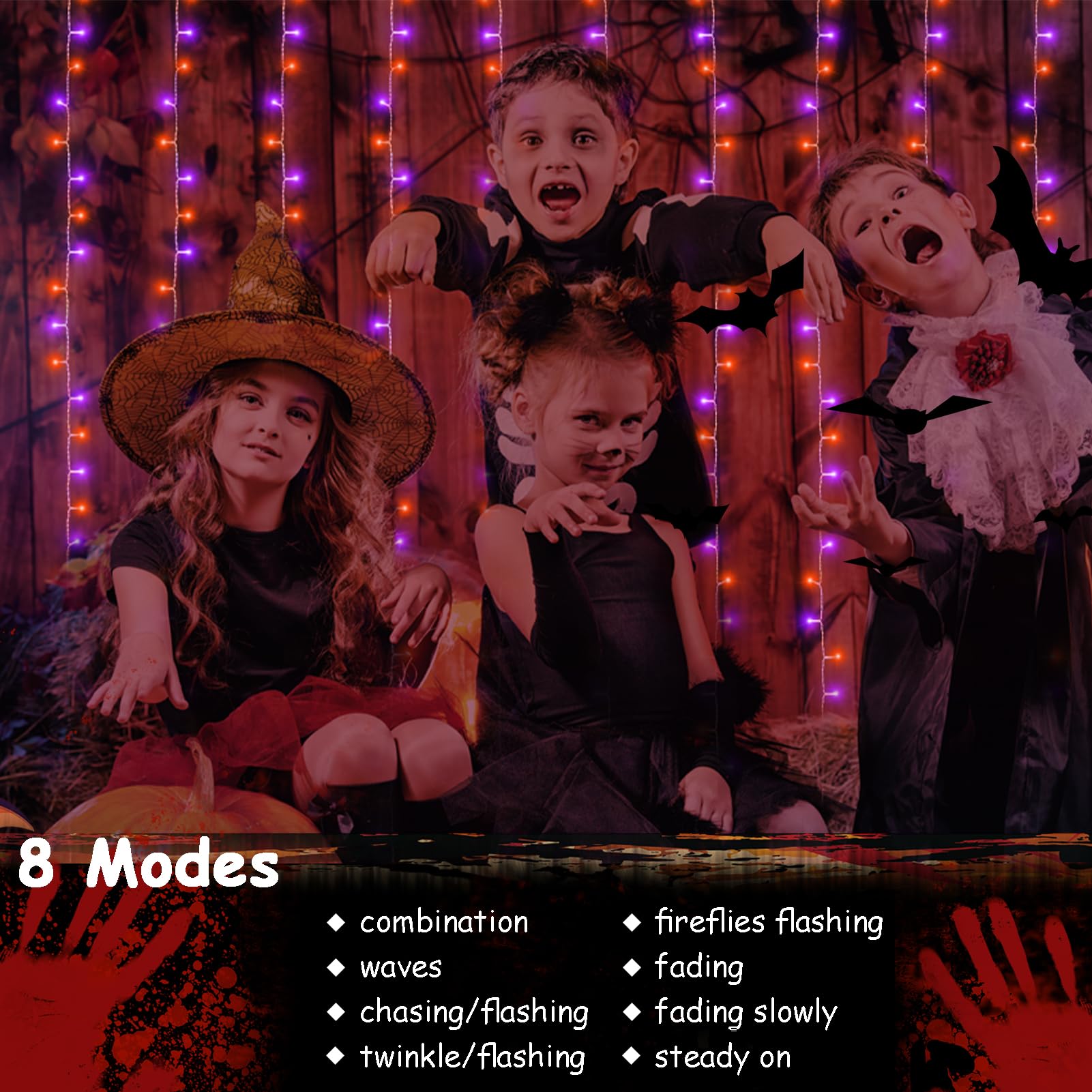 Echosari Halloween Curtain Lights Battery Operated, 300 Led Purple Orange Fairy Curtain Lights 9.8Ft X 9.8Ft Hanging Lights With