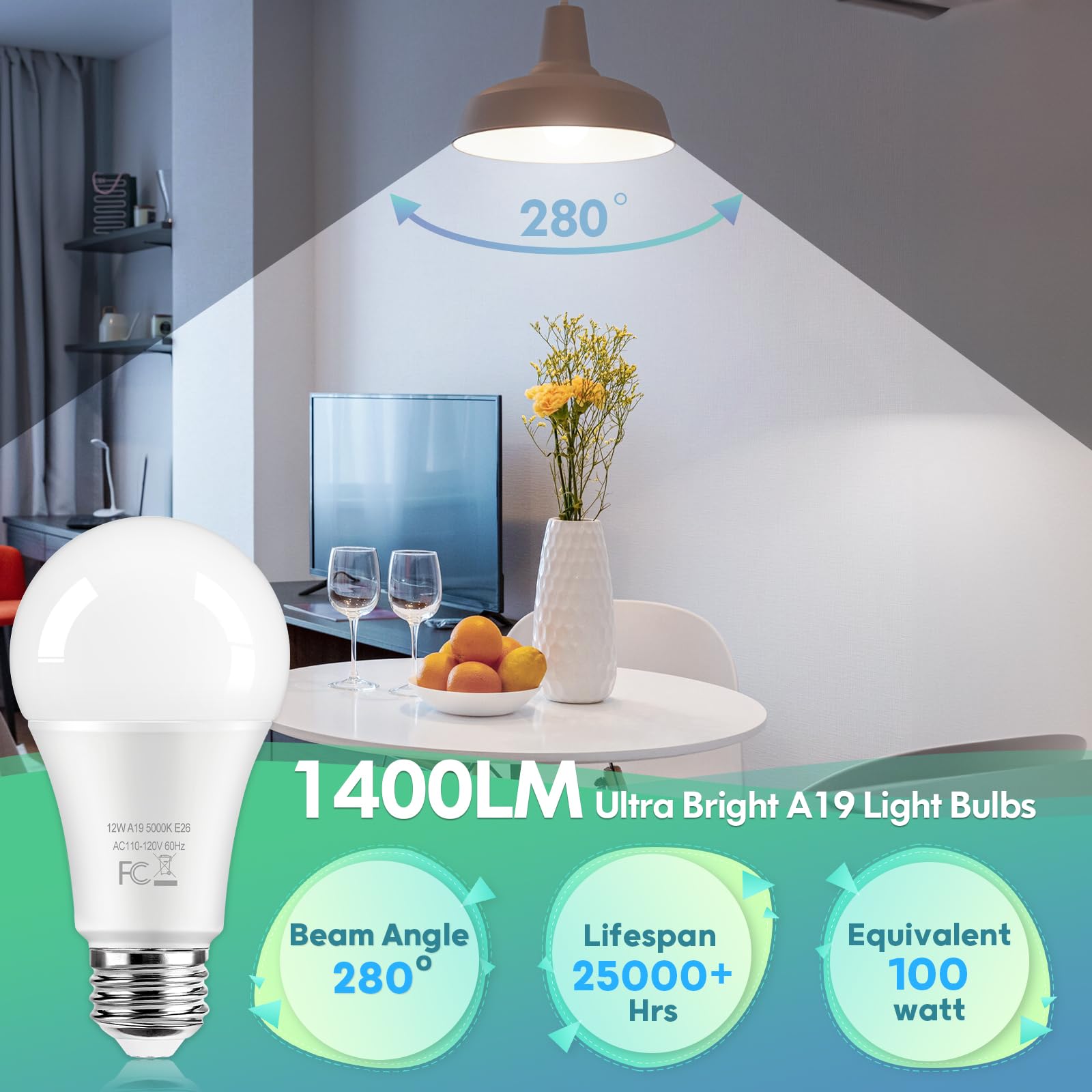 100 Watt Equivalent Led Light Bulbs, A19 12W Super Bright Daylight White 5000K Led Bulbs, 1400 Lumens Standard E26 Medium Screw