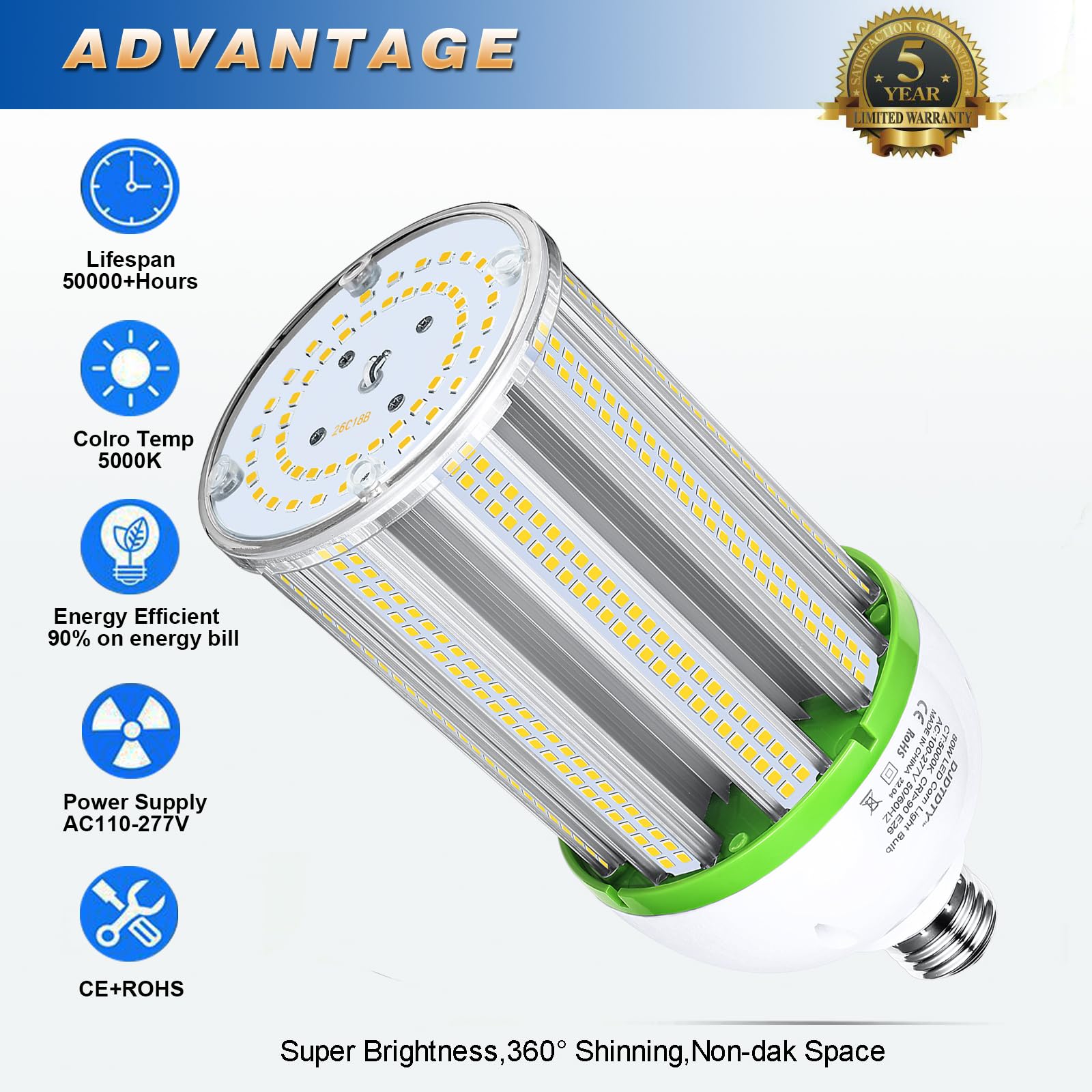 Djdtdty 80Wled Corn Bulb, E26 Base With E39 Adapter, 5000K 10400Lm Led Light Bulb For Garage Warehouse Workshop Barn (80Watts)