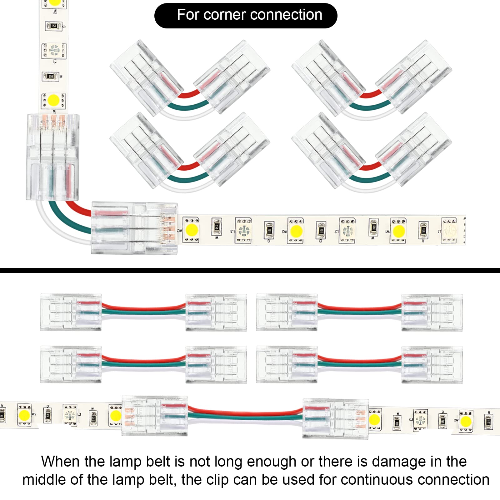 20 Pack 4 Pin 10Mm Solderless Led Strip Connector Transparent Track Lighting Led Pin Connectors With Wire Strip 16.4Ft For 5050(