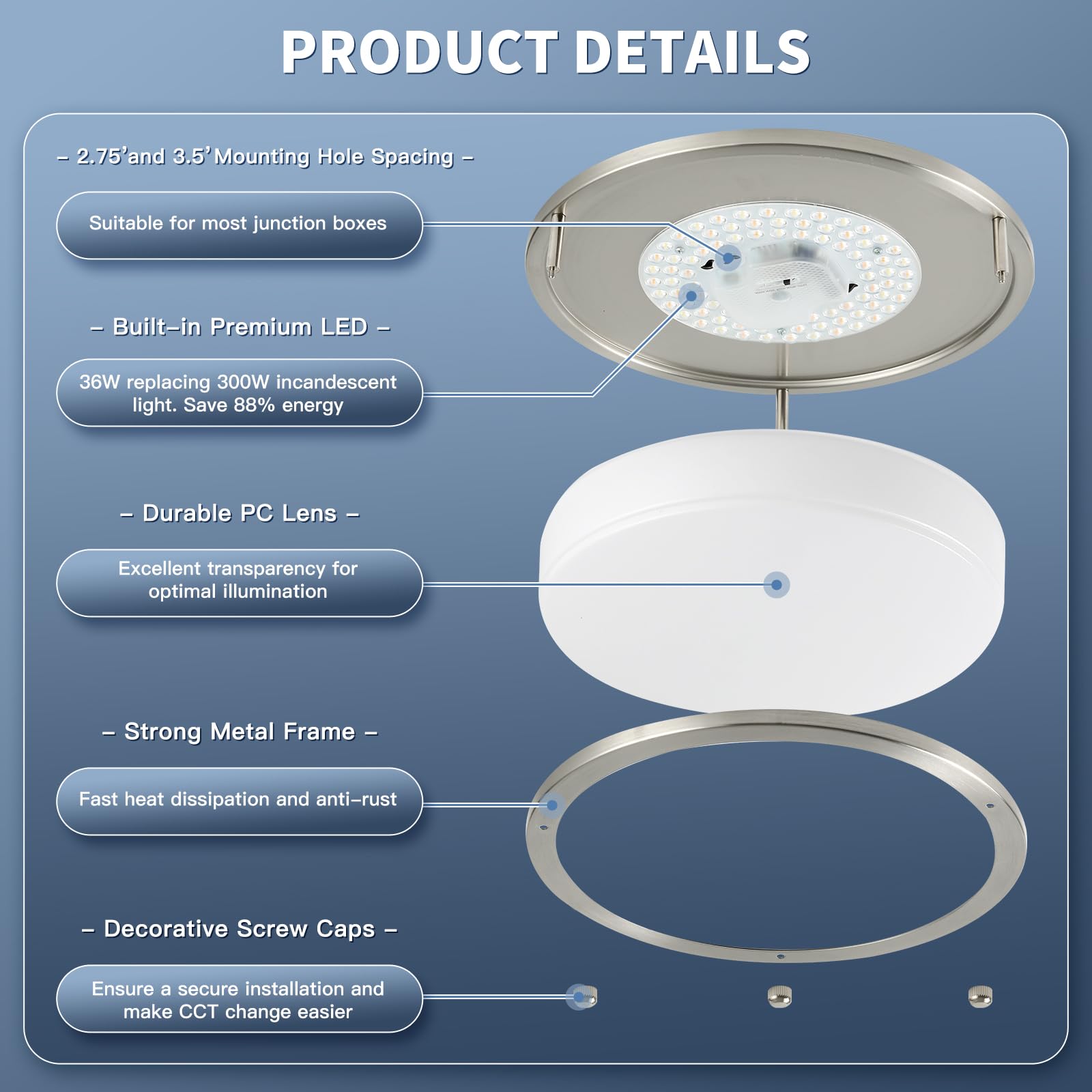 36W 12Inch Led Ceiling Light Fixtures, Flush Mount Light Fixtures, 5Cct 2700K 3000K 4000K 5000K 6500K, Close To Ceiling Light For Kitchen Bathroom Kitchen Bedroom, Super Bright 3800Lm, Nickel, 2 Packs