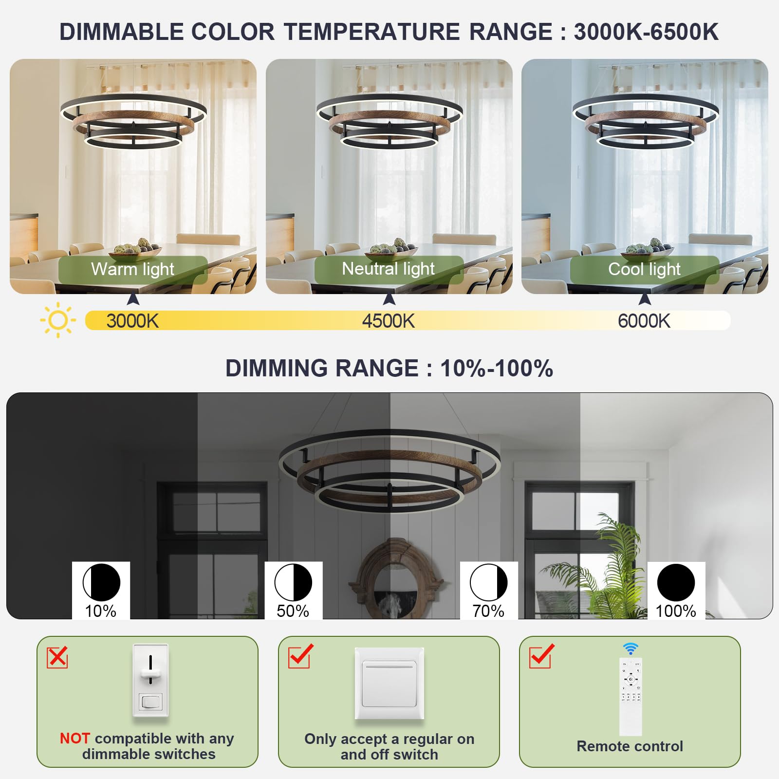 Benkut 3 Rings Modern Led Chandelier Black Dimmable Circular Pendant Light For Dining Room  Foyer Chandelier With Remote Control Flush Mount High Ceiling Light For Kitchen Living Room  D30.7In