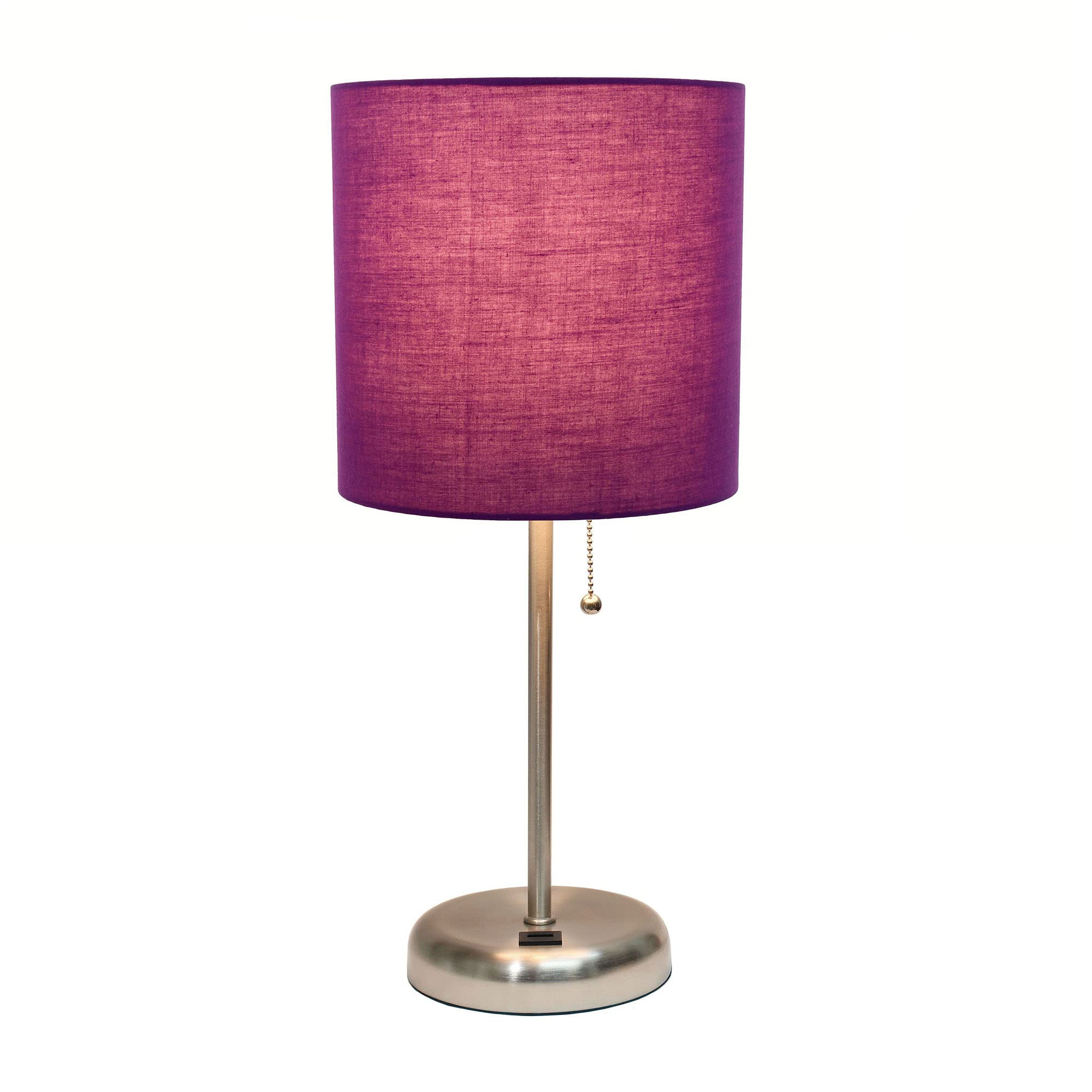 Creekwood Home Oslo 19.5" Contemporary Bedside Usb Port Feature Standard Metal Table Desk Lamp In Brushed Steel With Purple Drum Fabric Shade
