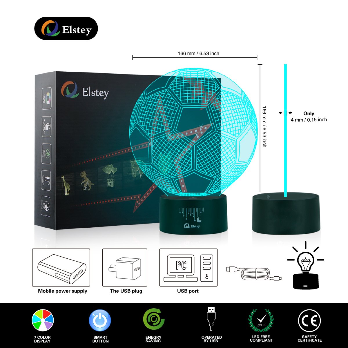 Elstey 3D Soccer LED Night Light, 7 Color Changing, Acrylic & ABS, USB Charger, Model 1CFVW331