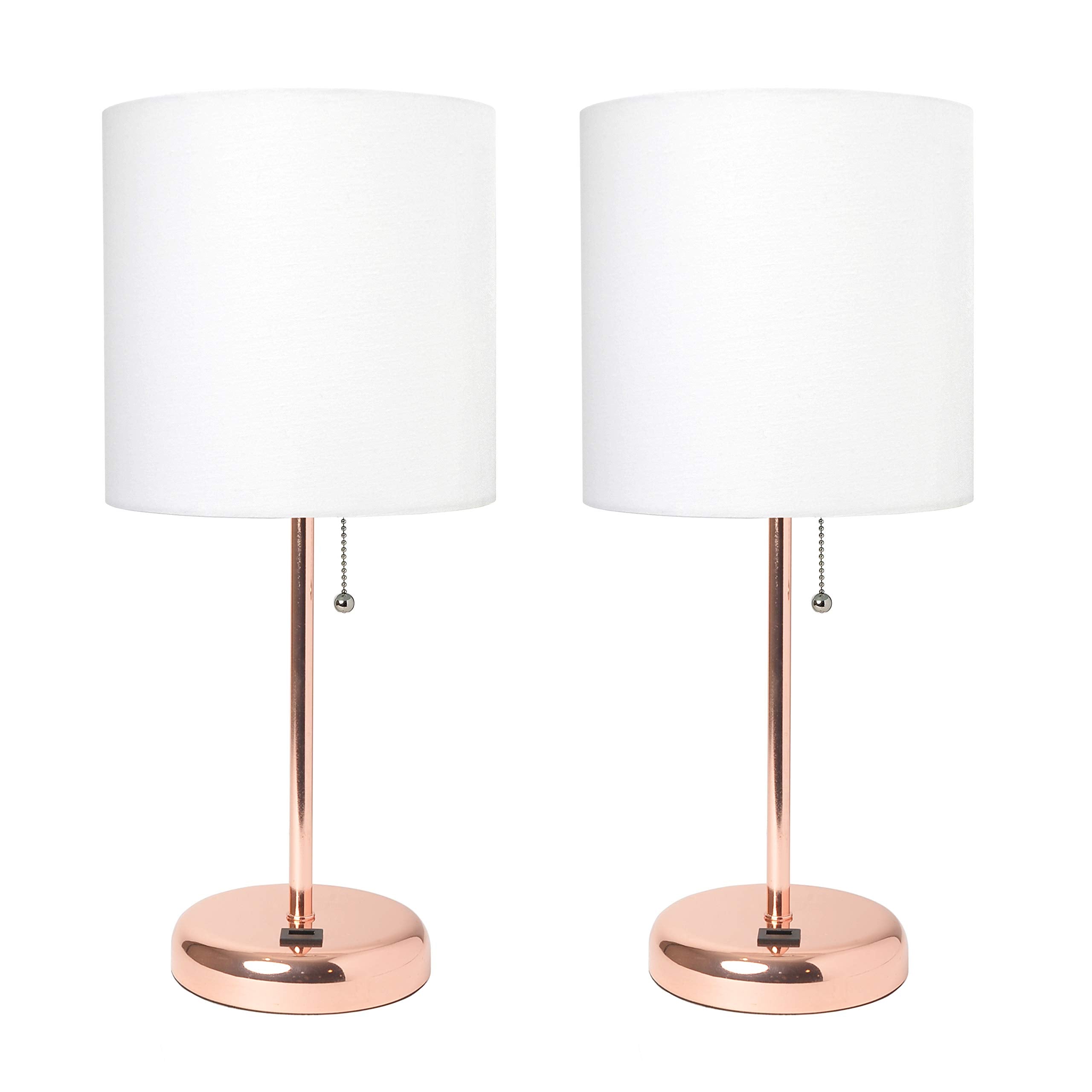 Simple Designs Lc2002-Rgd-2Pk Rose Gold Stick Table Lamp Set With Usb Charging Port And White Fabric Shades, 2 Pack Set