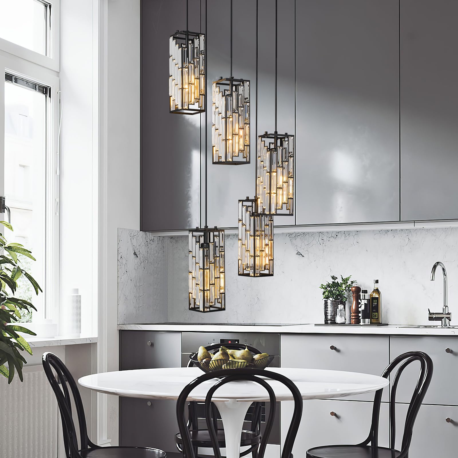 Fdpby Black Pendant Lighting Modern Pendant Light, Mini Crystal Chandeliers,Adjustable Pendant Light Fixture For Kitchen Island Dinning Room Bedroom (5 Light)