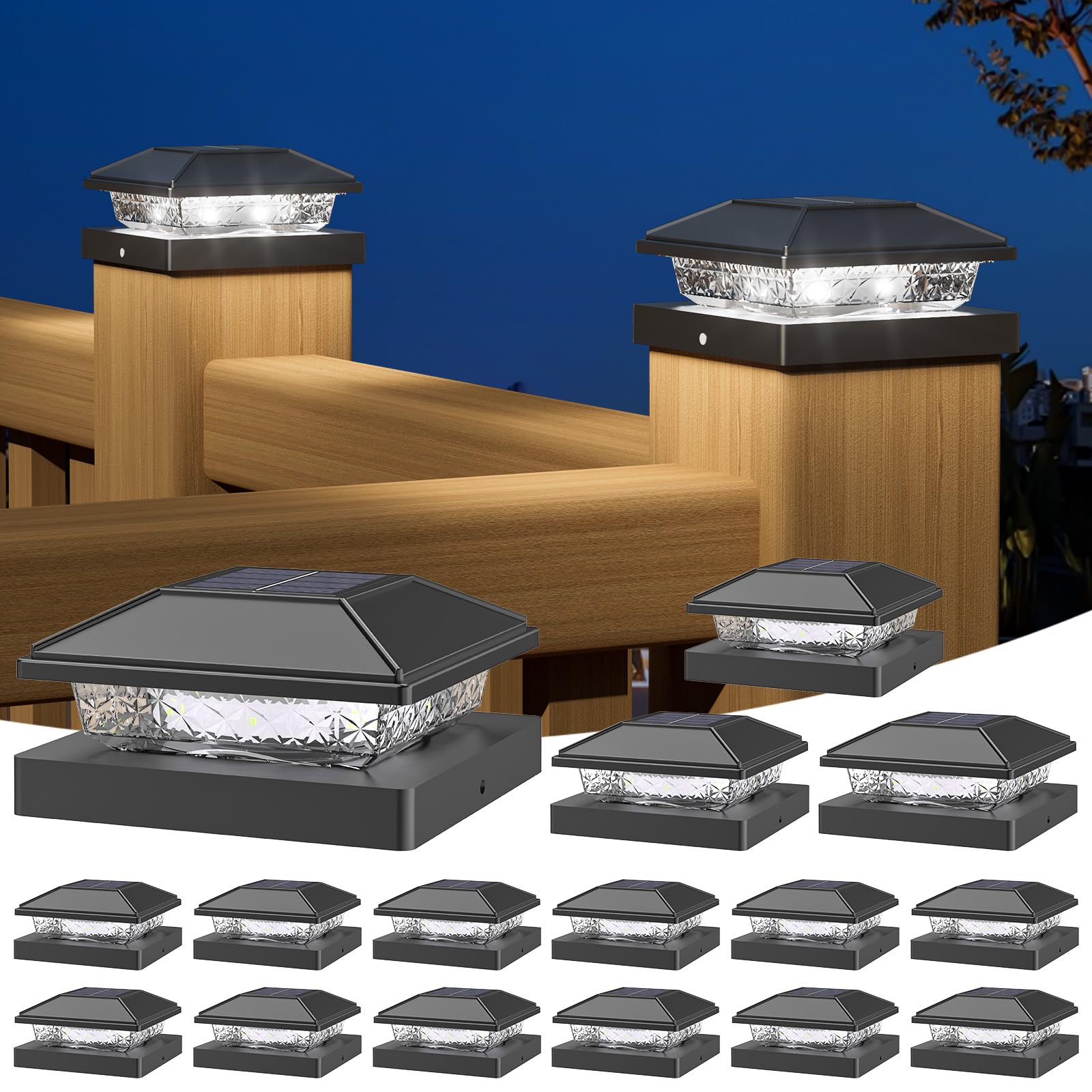 NIORSUN Solar Post Lights, Cool White, Waterproof, 4x4 Post Caps, 16 Pack, Black, Model TZ22