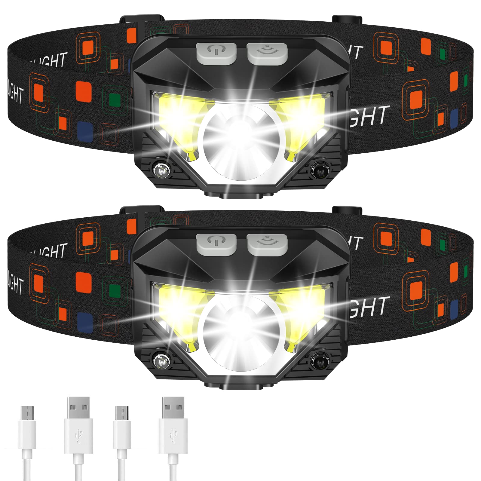 LHKNL Headlamp Flashlight, 1200 Lumen LED, 2-Pack, Waterproof, Motion Sensor, Black, Model TG-T069
