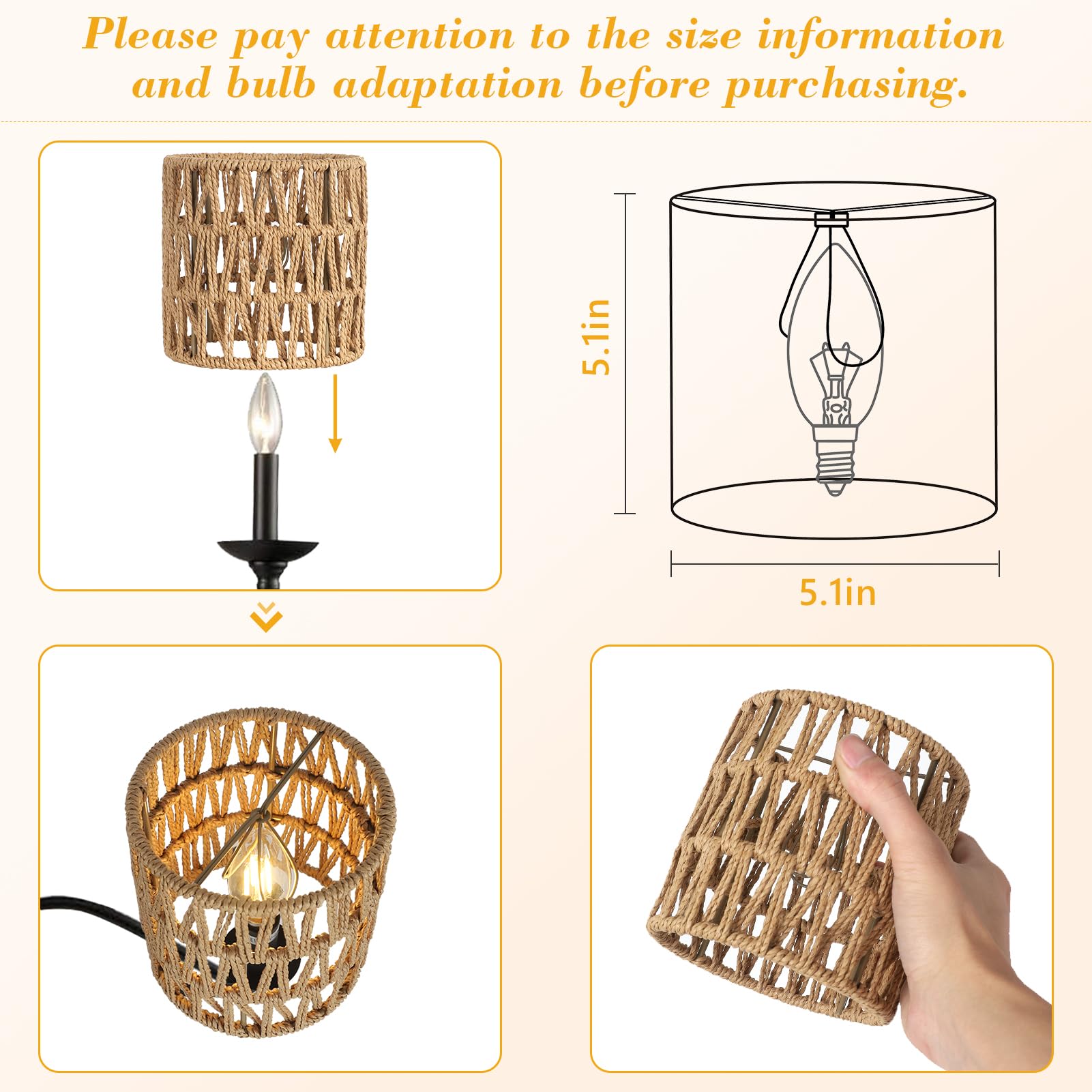Stepeak Rattan Clip-On Lamp Shades Set of 6, 5.1x5.1in, Natural Brown Mini Cylinder Woven Replacement for Floor, Pendant, Wall Sconces
