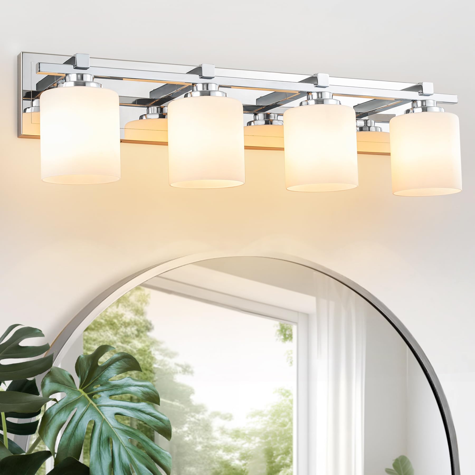 BrkNit 4-Light Bathroom Light Fixtures, Chrome Metal Vanity Lights with Milky White Glass Shades, Model J0057-3
