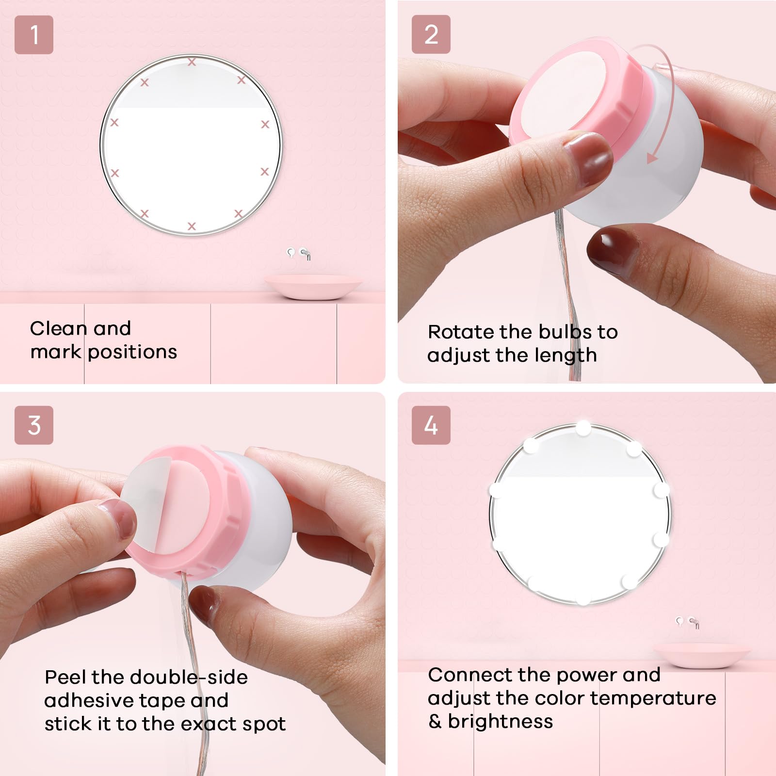 Consciot LED Vanity Lights for Mirror, 10 Dimmable Bulbs, Adjustable Brightness, Pink, Model PC-10D-2835-W-F5