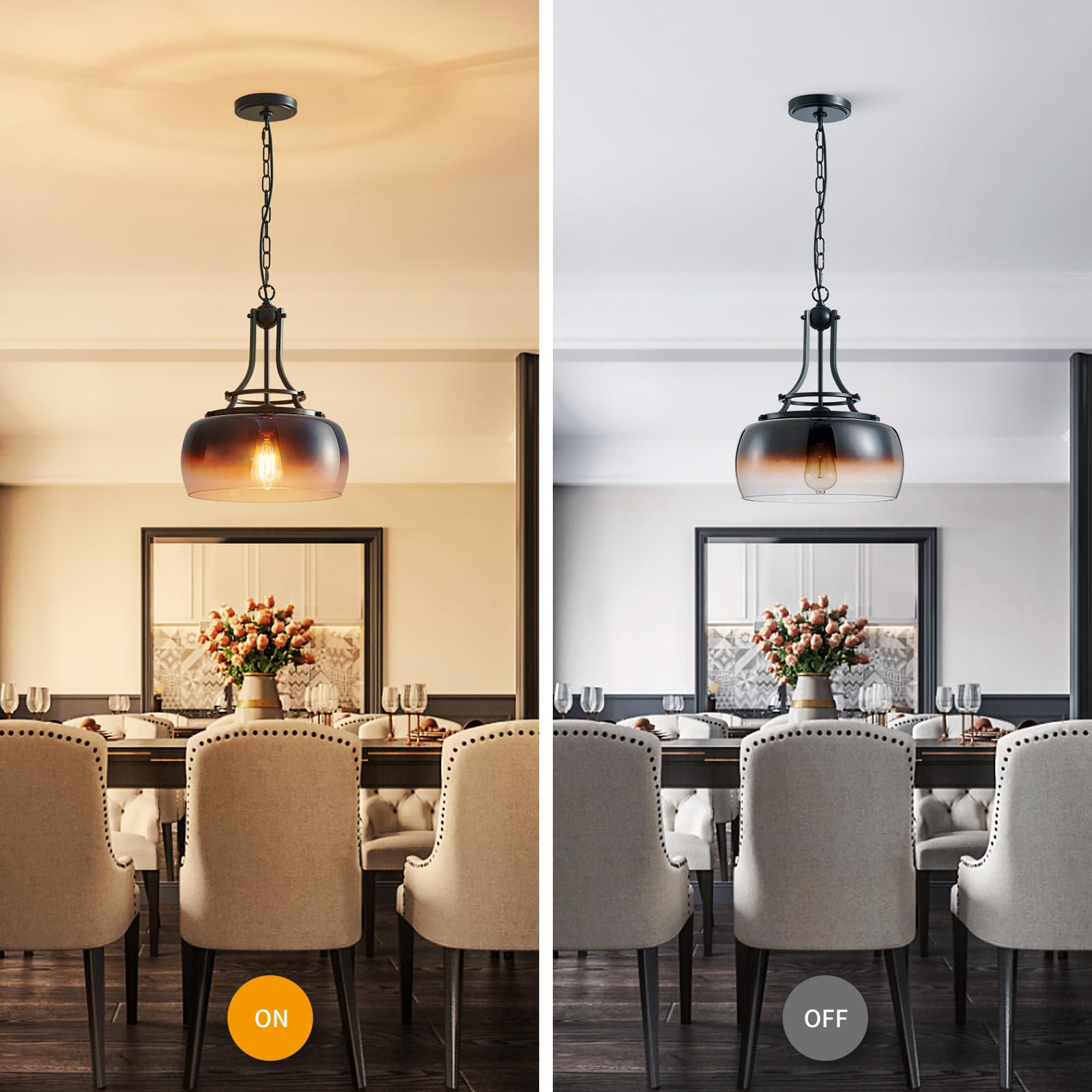 Wuzups Chandelier Rustic Farmhouse Industrial Round Ceiling Pendant Led Light Fixture With Amber Gradient Black Glass Shades For