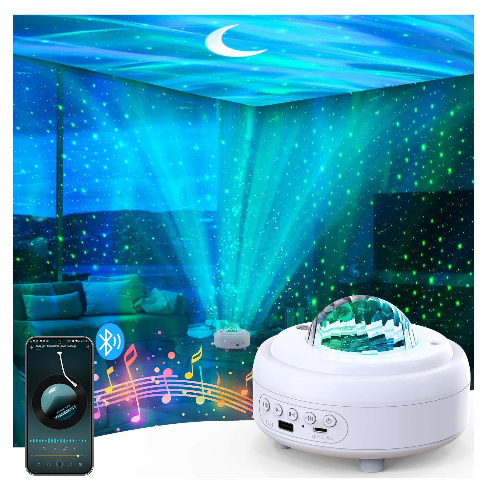 HUMIIEYE Galaxy Projector with Bluetooth Speaker, 8 Modes Northern Lights, Model DY105, White