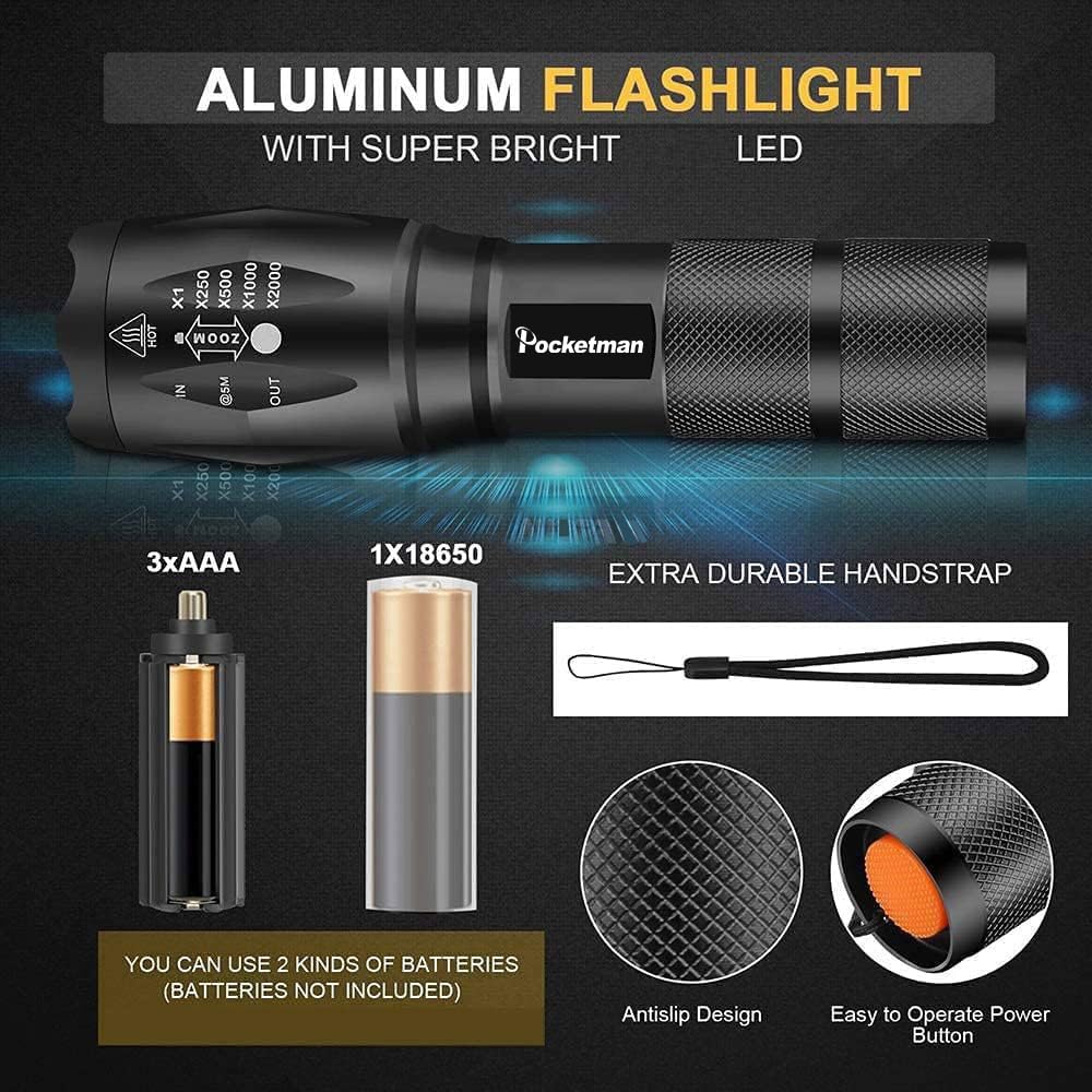 Pocketman LED Tactical Flashlight, 2000 Lumen, Water Resistant, 5 Light Modes, Aluminum, 10 Pack
