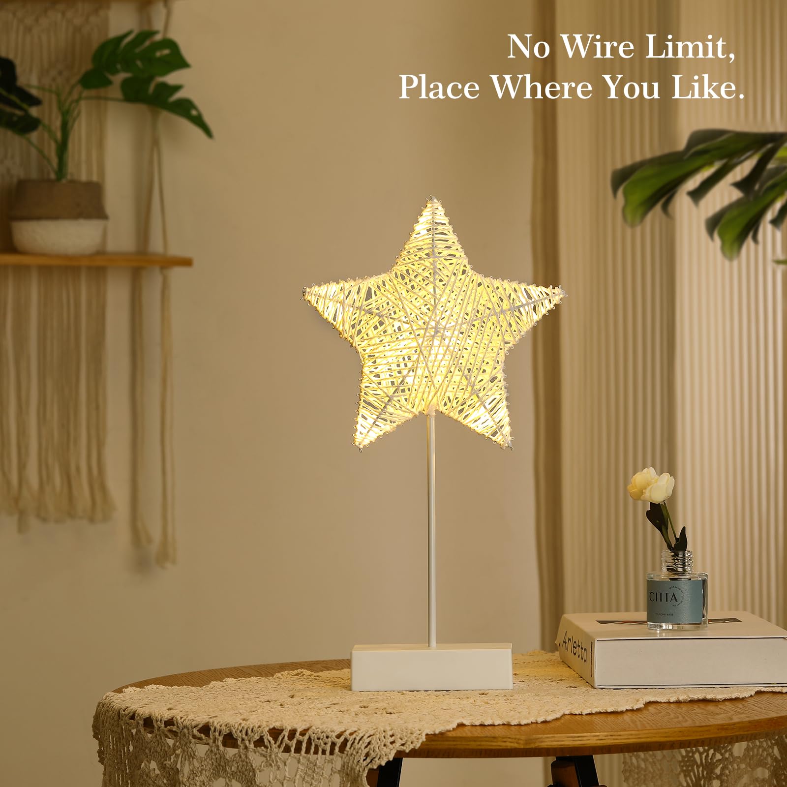 Lewondr Decorative Table Lamp, Battery Operated LED Light, White, Christmas Star Design, Model P651074405651