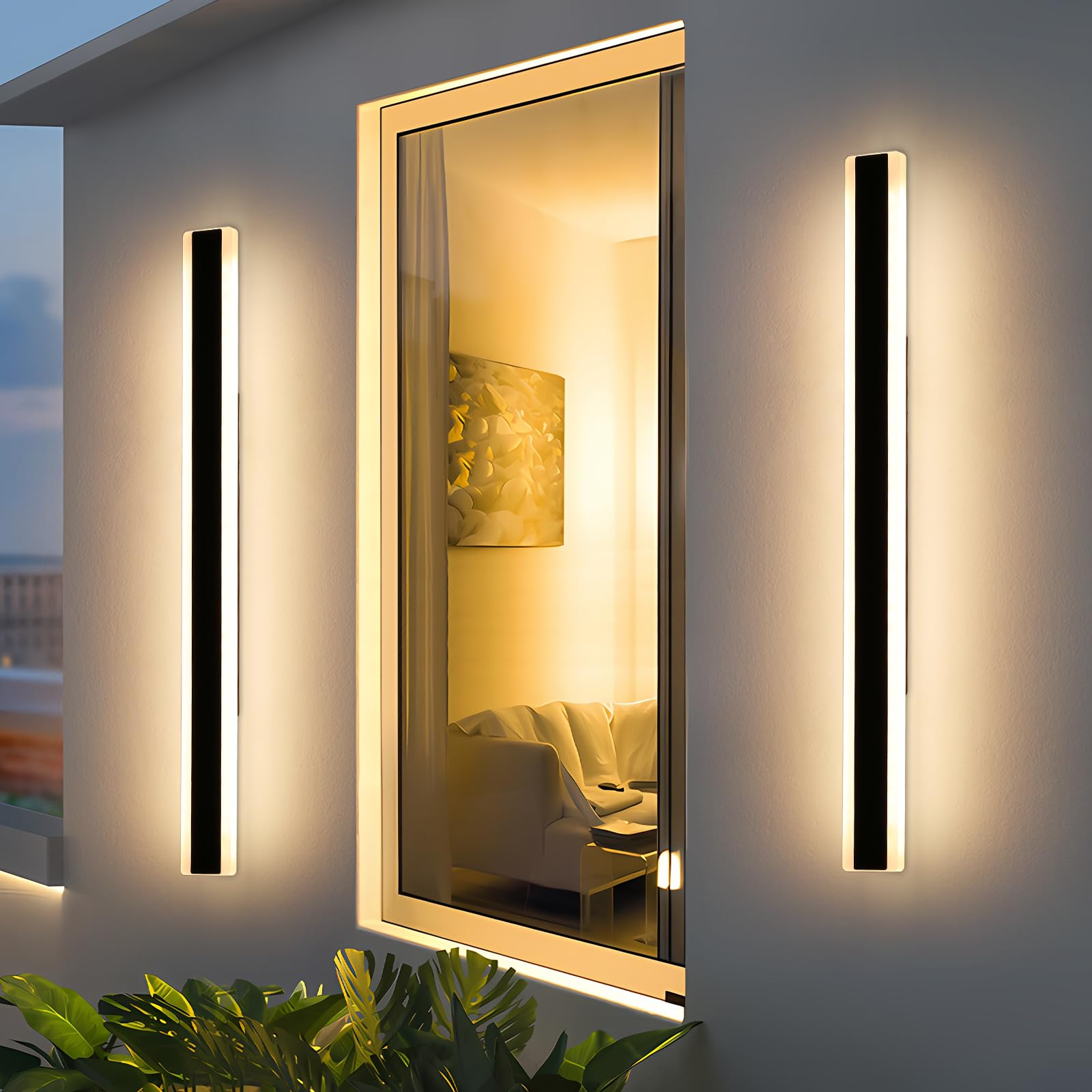Modern 57Inch Outdoor Wall Light, 3000K/4500K/6000K 3 Color Change Black Exterior Light Fixtures Wall Mount, Ip65 Waterproof Mod