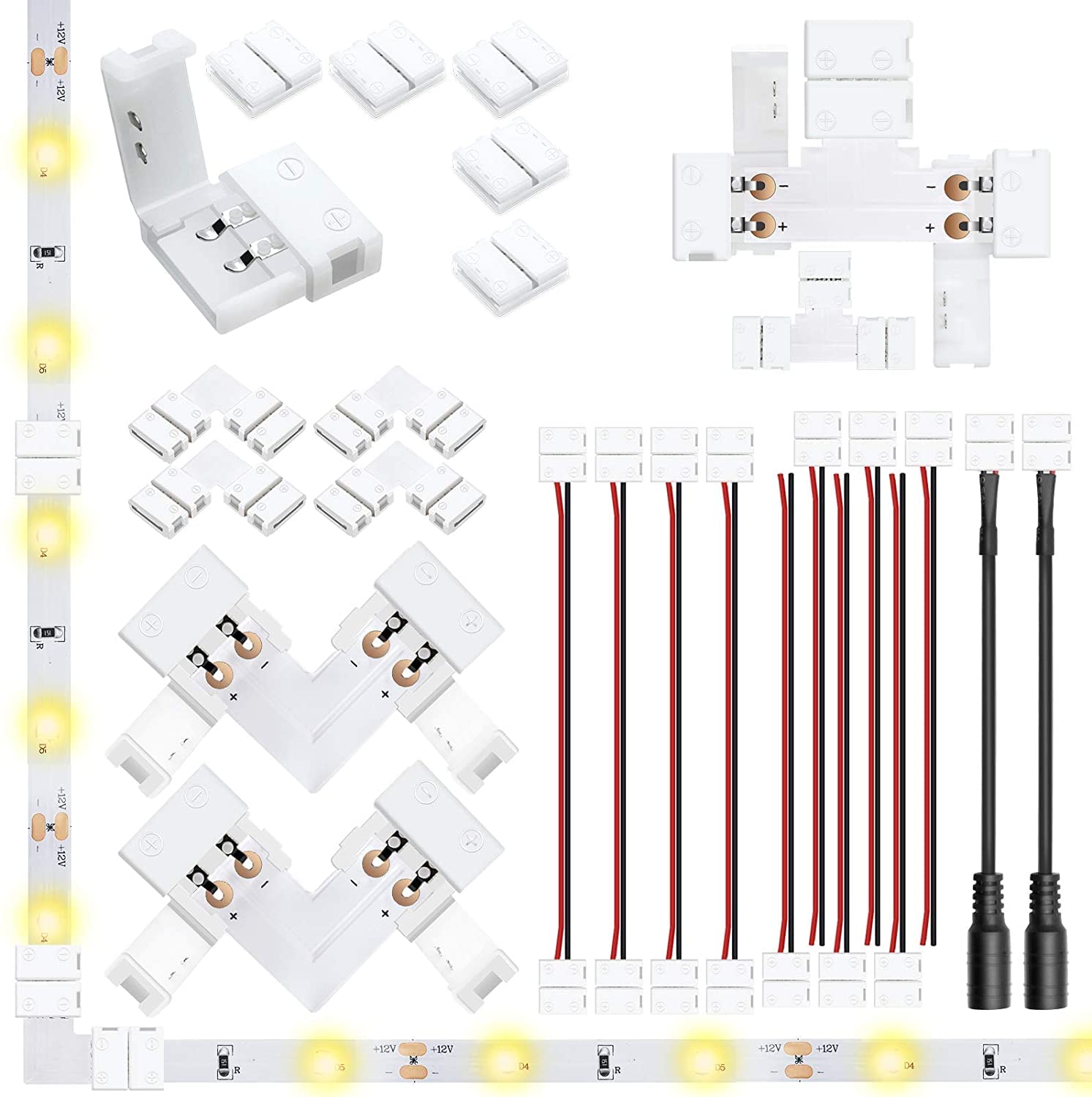 LightingWill 2 Pin LED Strip Light Connector Kit, 10mm Solderless Adapter Connectors, LED Strip Accessories Set for 10mm Wide 50