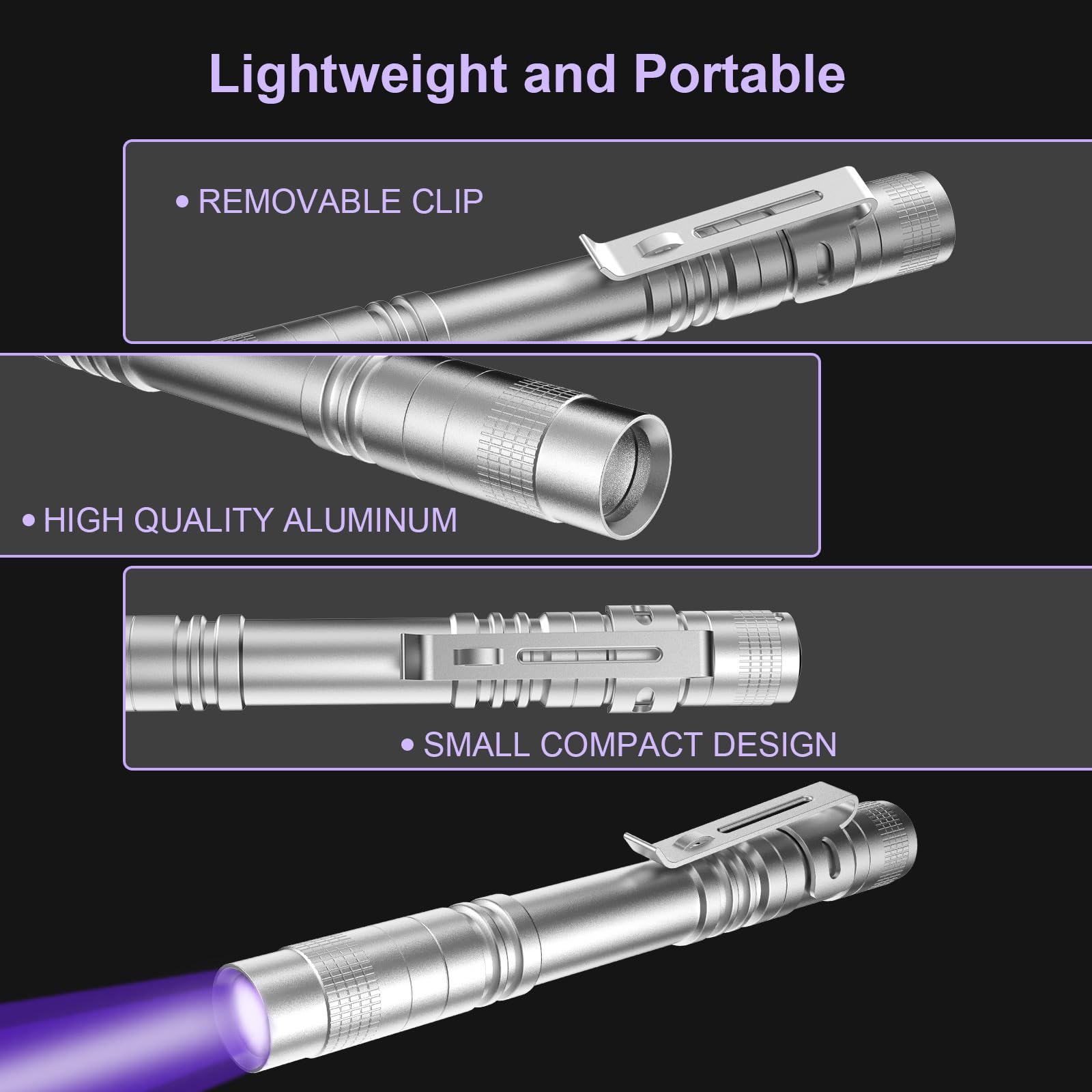 COSOOS UV Flashlight 2 Pack, 395nm Mini Pen Light, Waterproof, Silver, Ideal for Pet Urine Detection and Scorpion Finding
