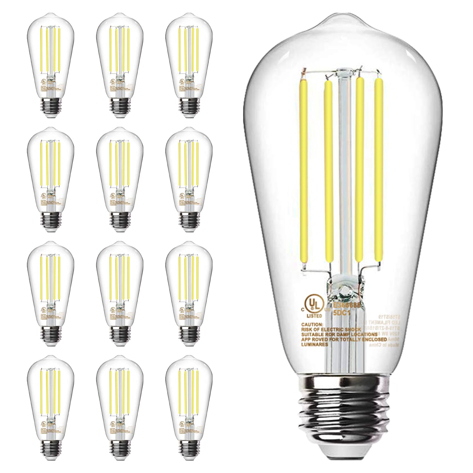 Tjoy 12 Pack E26 Base Vintage Led Edison Light Bulbs, 60W Equivalent Dimmable, 4000K Natural White, 8W St58 Led Filament Bulbs, 800Lumens, Cri80+, Antique Glass Style For Home, Bedroom, Farmhouse
