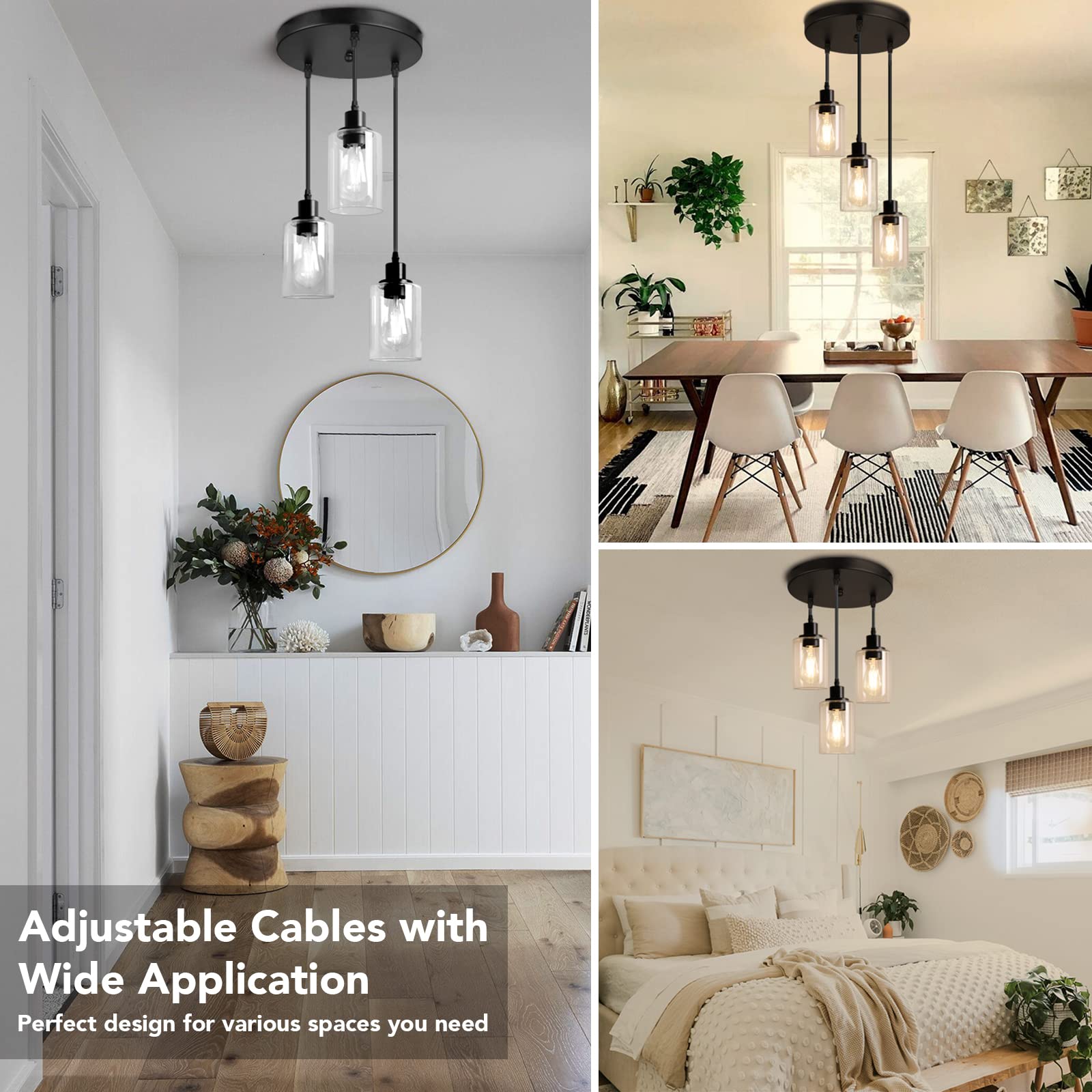 MAXvolador 3-Light Pendant Light Fixture, Adjustable Hanging Lamp, Clear Glass Shade, E26 Base, Black, Model OMTZT-013