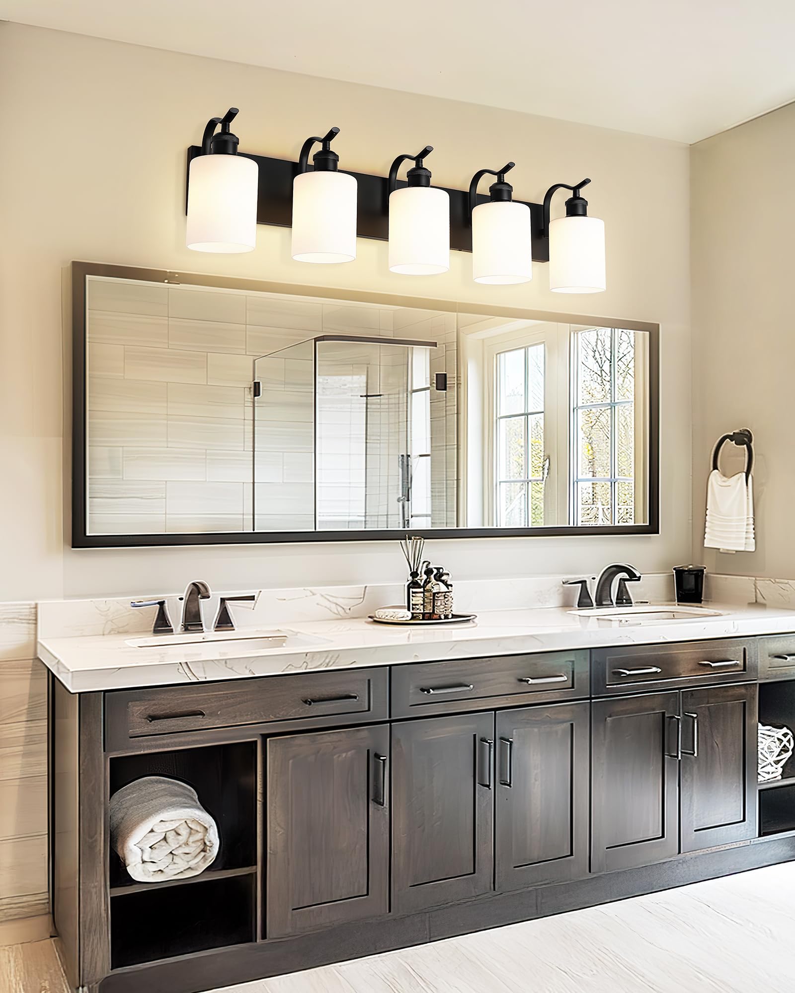 JAZAVA 5-Light Bathroom Vanity Light, Modern Black Wall Sconce, Metal & Milk Glass, Model ZCVL01BKW-5