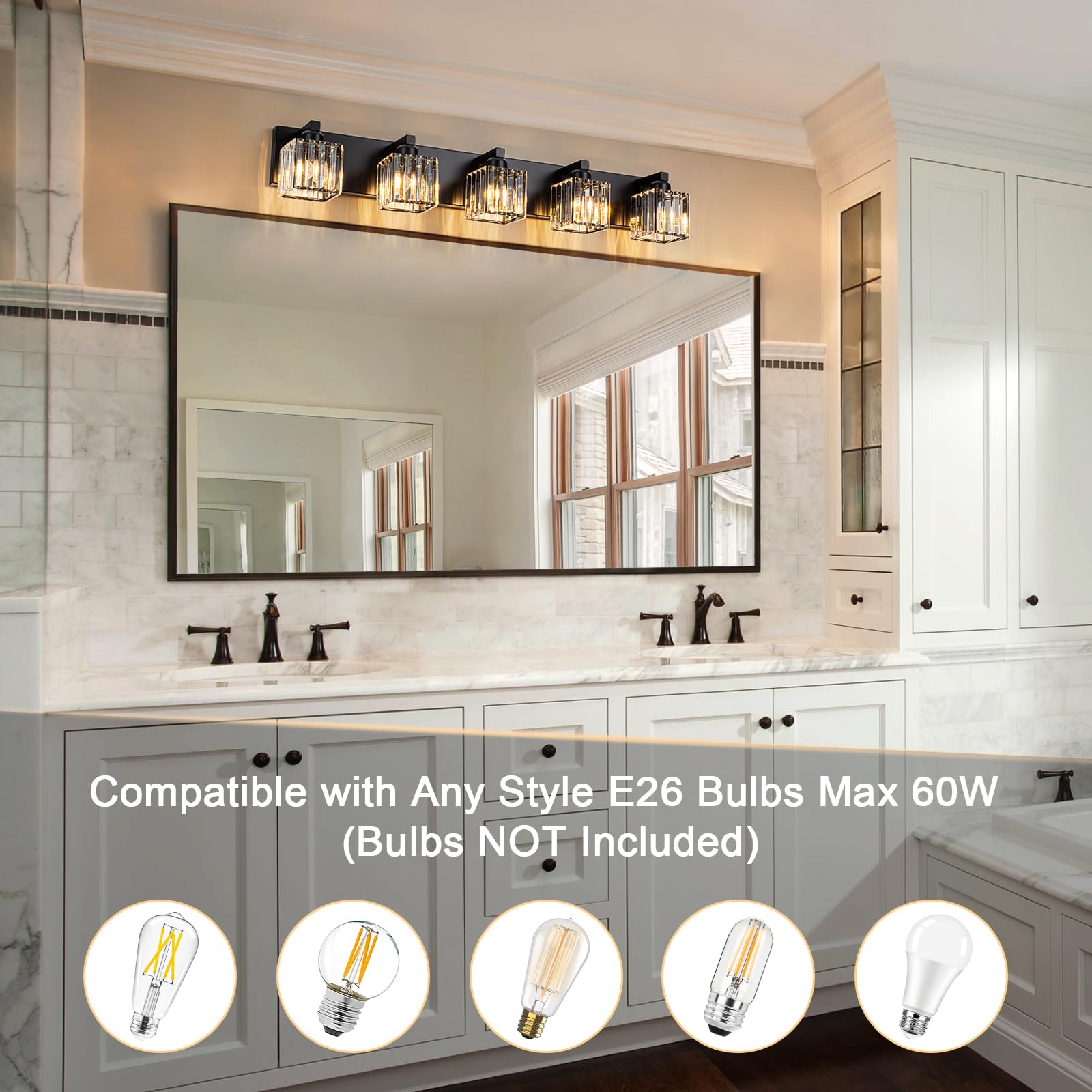 Huoku 35.43 Black Crystal Bathroom Vanity Light 5-Lights Modern Bathroom Lighting Fixtures Over Mirror  Crystal Wall Light