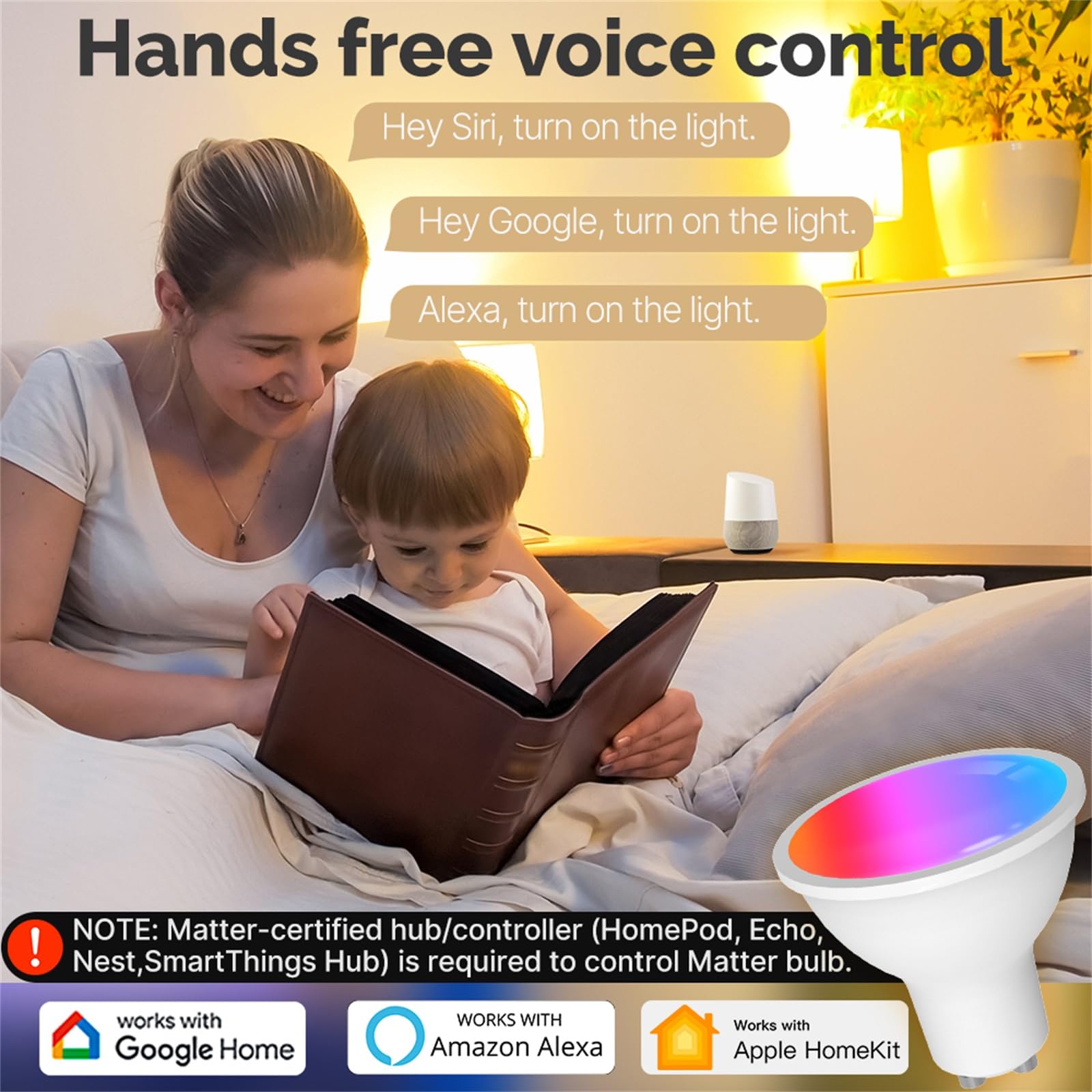 Moes Matter Smart Gu10 Led Light Bulbs, Color Changing Wifi Bulbs, 2700K-6500K Cw& Rgb Dimmable, Smart Life Remote Control, Work