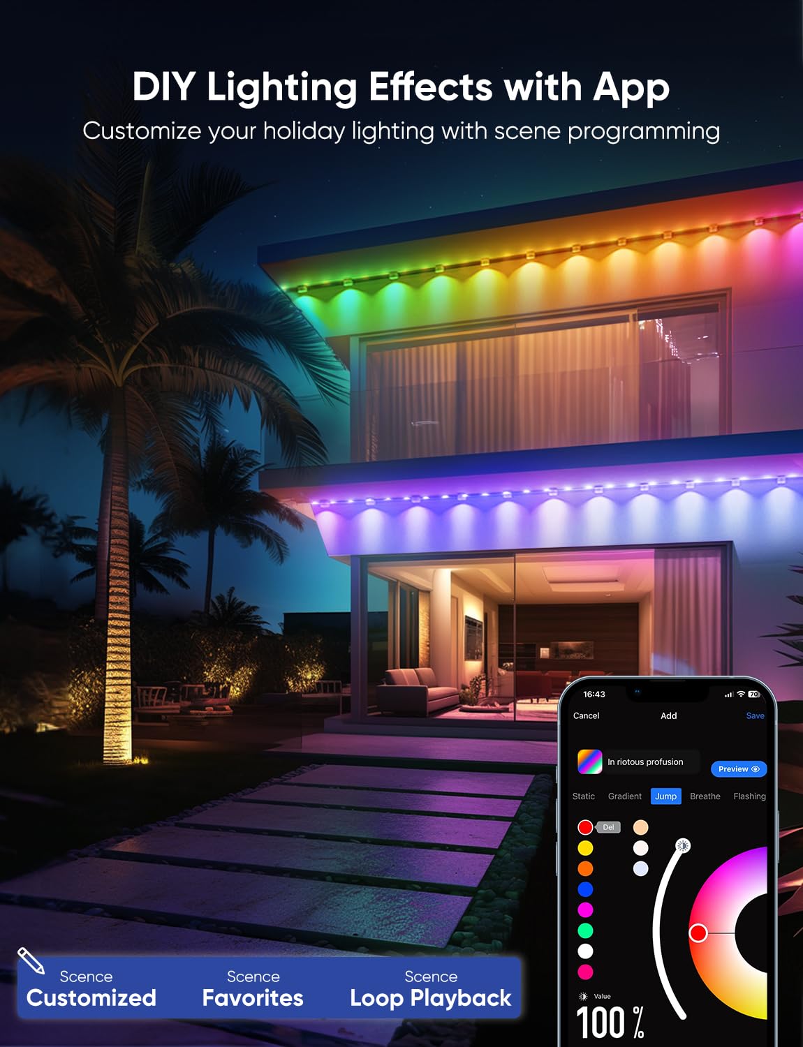 APPECK 200ft Permanent Outdoor Lights Pro, 144W RGBCW, IP67 Waterproof, Black, Model C5106-A, 111 Scene Modes