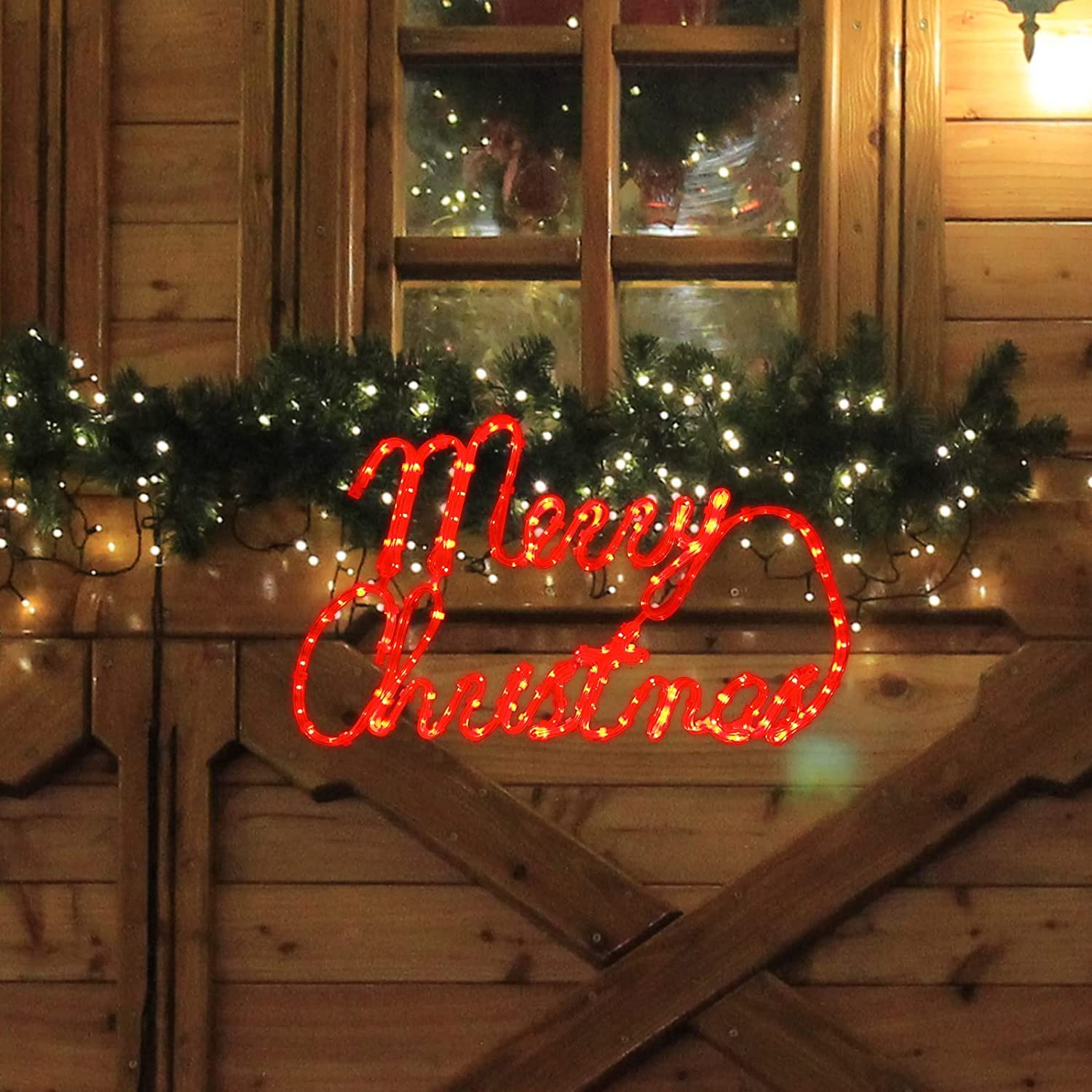 LAMPHOME [Large 24''x13.5'' 180 LED Merry Christmas Neon Motif Super-Bright Red LEDs Outdoor Christmas Decoration with UL Standa