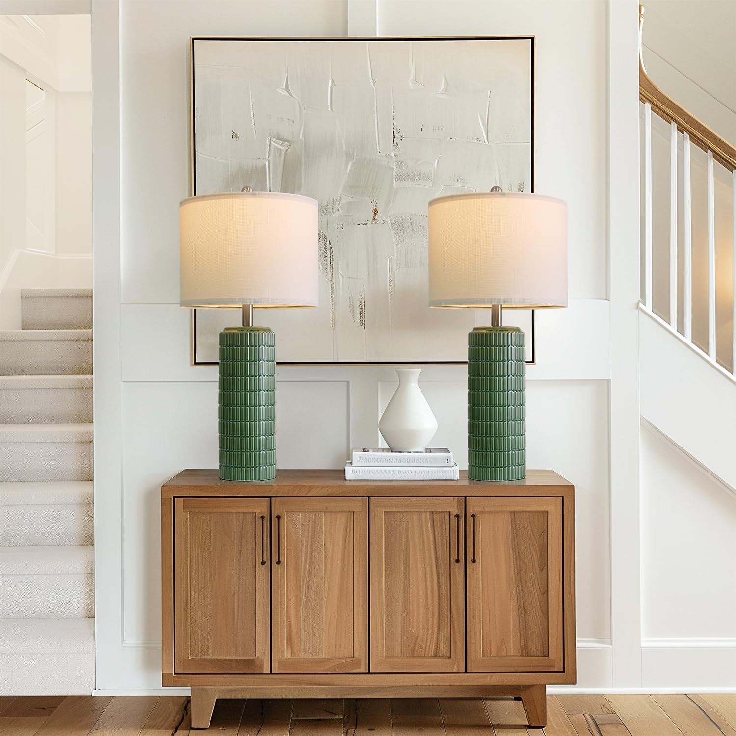 PoKat 27.5" Dark Green Ceramic Table Lamps Set of 2 - Modern Farmhouse Nightstand Decor for Living Room and Bedroom