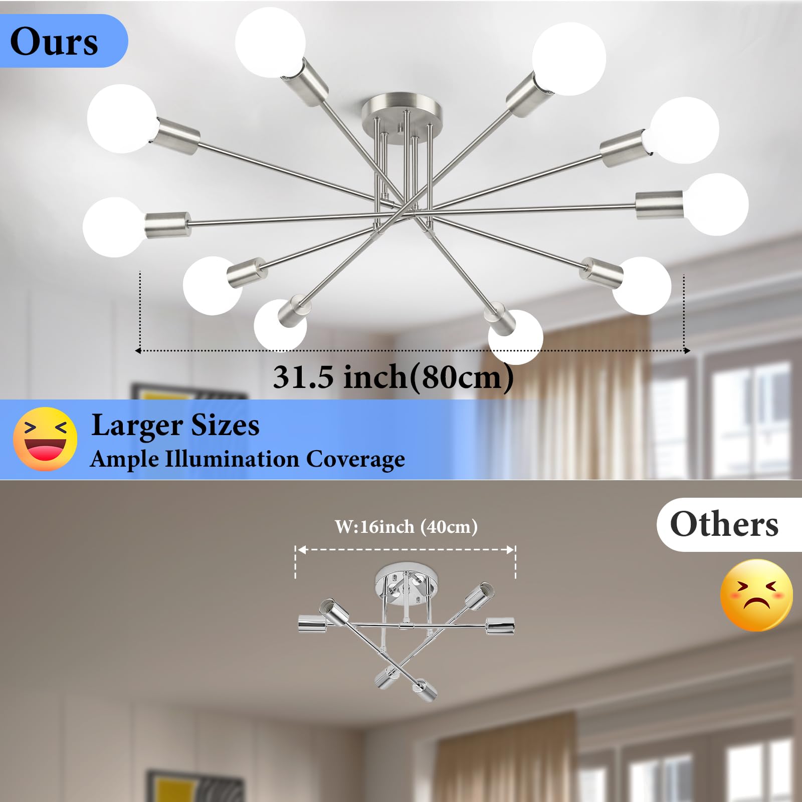 Semi Flush Mount Ceiling Light Fixture, 10-Light Modern Brushed Nickel Sputnik Chandelier Industrial Ceiling Lamp For Kitchen Di