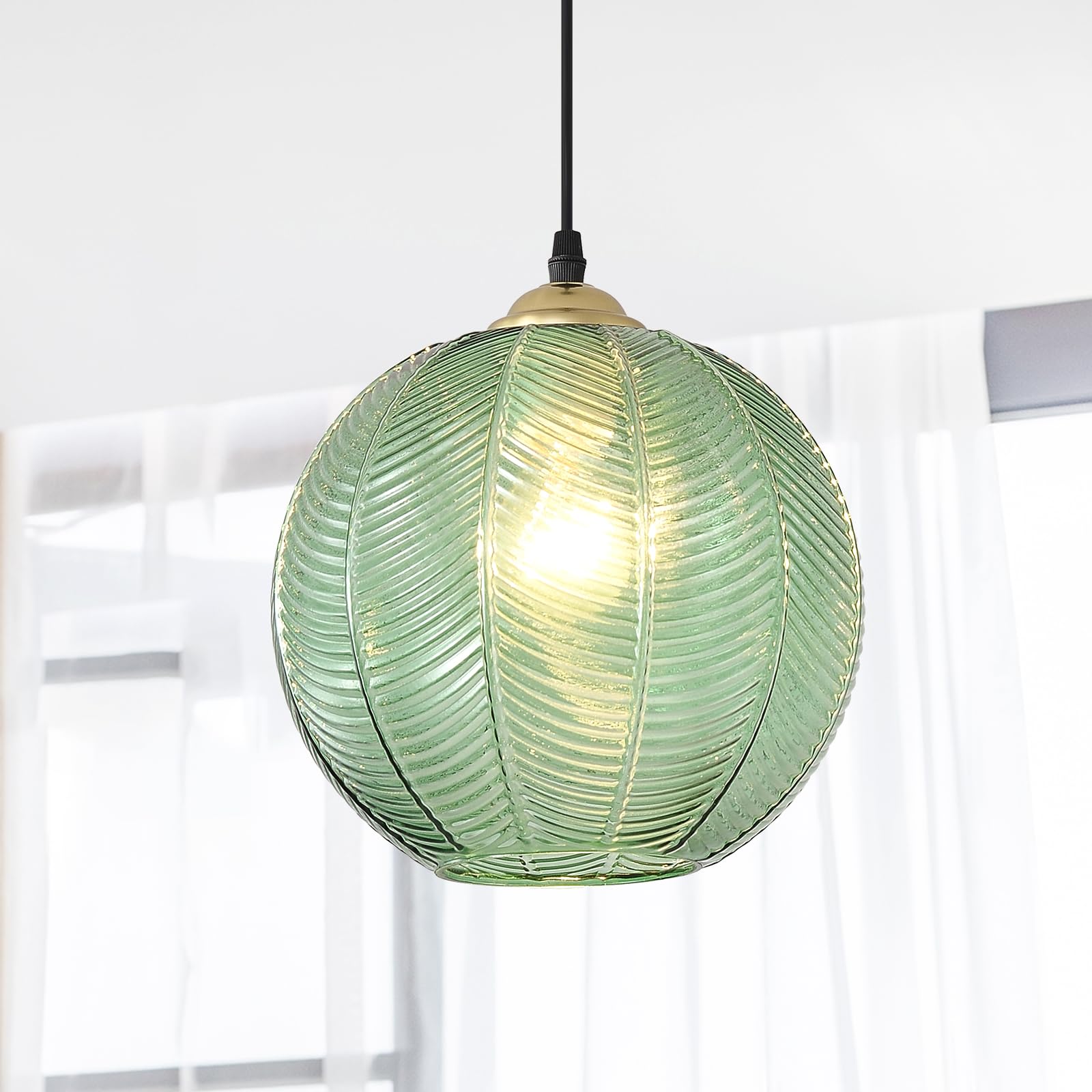 TESTOYS Green Glass Pendant Light, Single Large Globe Pendant Lighting 9.8-Inch Nordic Ribbed Ceiling Hanging Modern Ball Chande