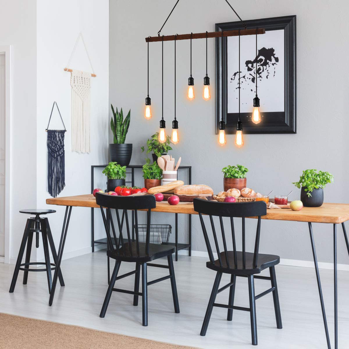Tangkula 8-Light Industrial Pendant Light, Adjustable Suspension, Iron, Black, Model light24666, Vintage Chandelier for Home Decor