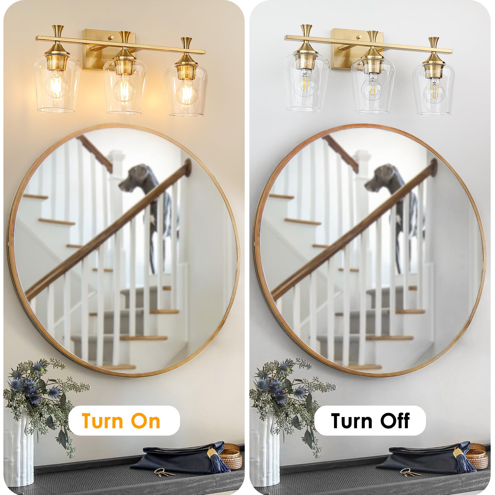 3 Light Bathroom Vanity Light Fixtures,Modern Brushed Gold Vanity Lights With High Clear Wine Glass Bathroom Lighting Over Mirro