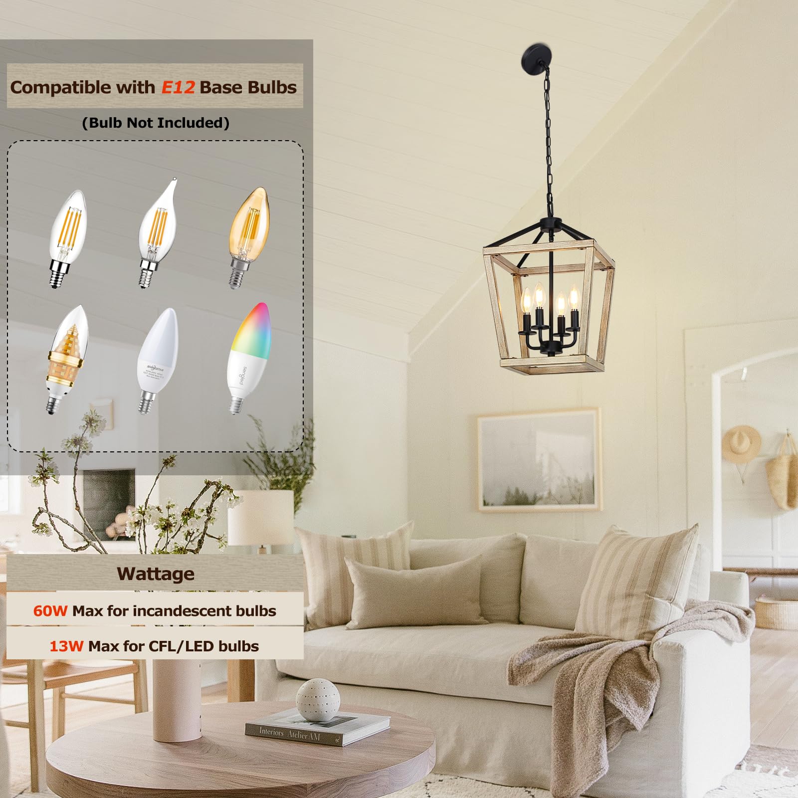 Seaside Village 4 Light Chandelier, Brushed Rustic Oak, Adjustable Height, Geometric Metal Cage for Kitchen Island, Dining Room, Living Room