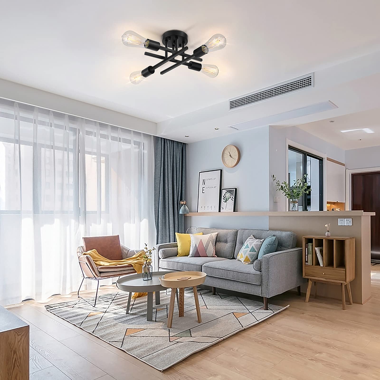 Sunrider Industrial 4-Light Semi Flush Mount Ceiling Light Fixture, Modern Farmhouse Lights Matte Black, Rustic Sputnik Chandeli