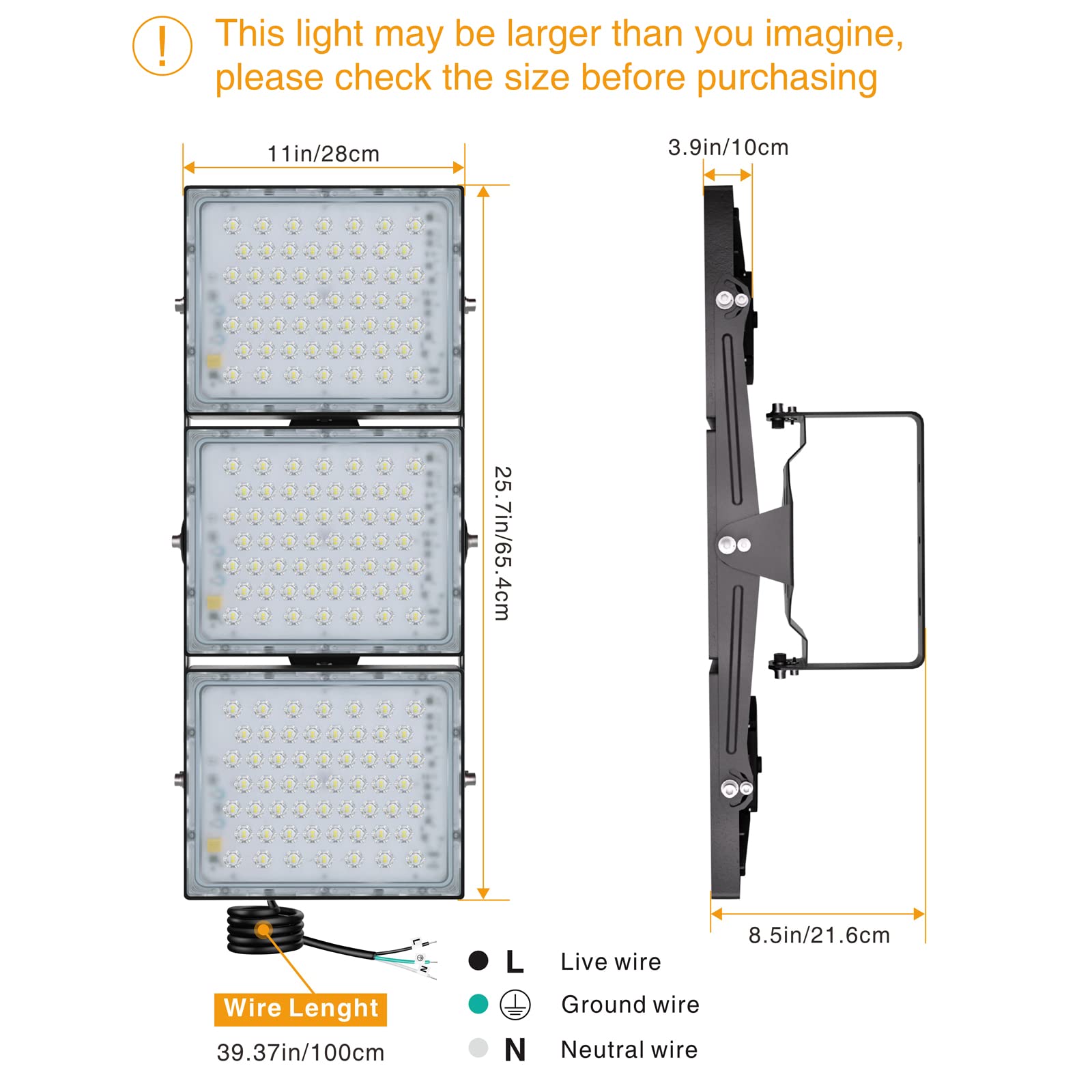 Stasun 300W Led Flood Light, 30000Lm, Ip66 Waterproof, 3000K Warm White, 3