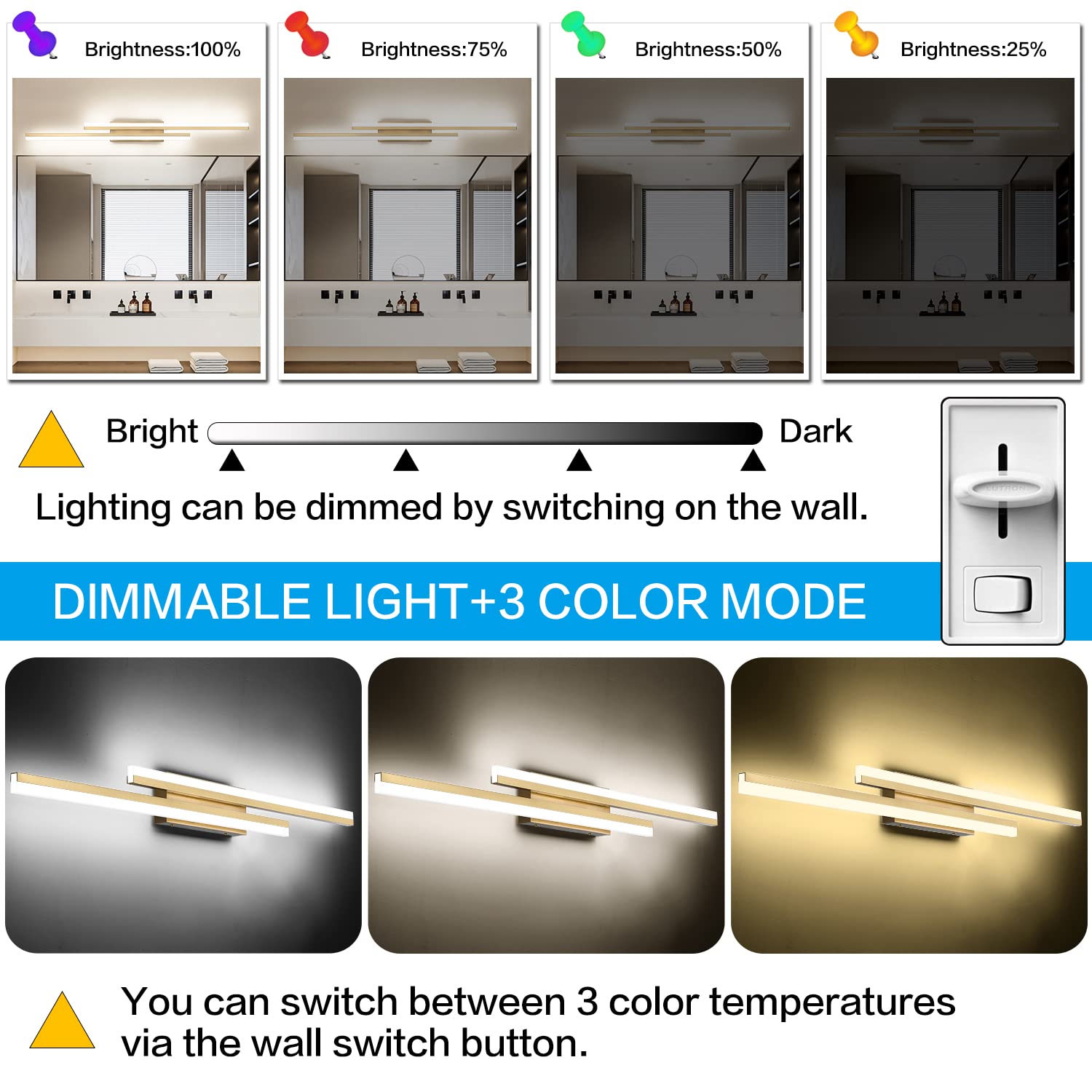 PRESDE LED Bathroom Vanity Light Fixtures, Dimmable 3CCT, 48inch, Gold, Metal, Model 3fbb444e-d59e-4412-8eb