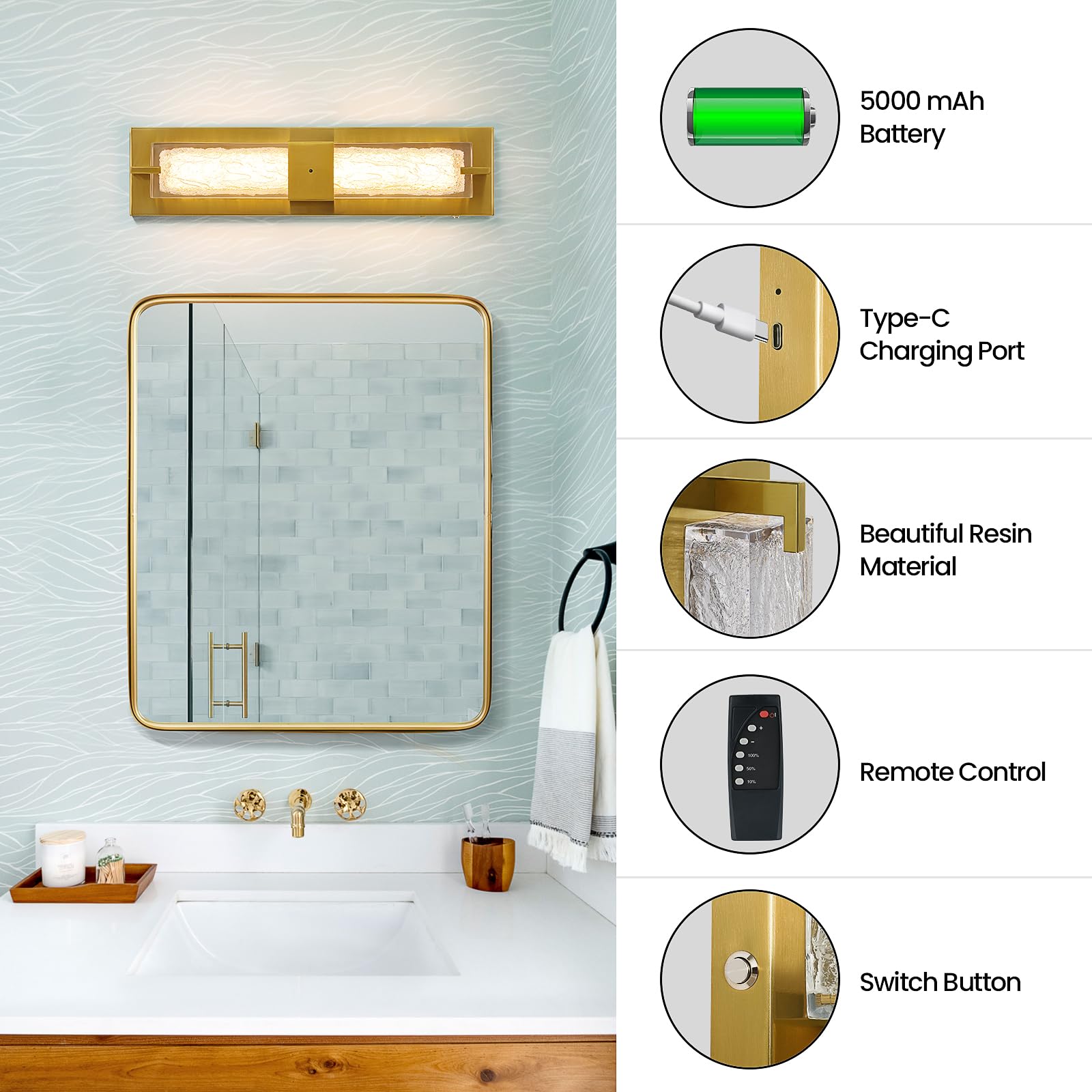 WOSHITU Battery Operated Wall Sconce - 19" Gold Dimmable LED Light, Wireless Rechargeable, Iron Modern Fixture for Living Room, Bedroom, Bathroom