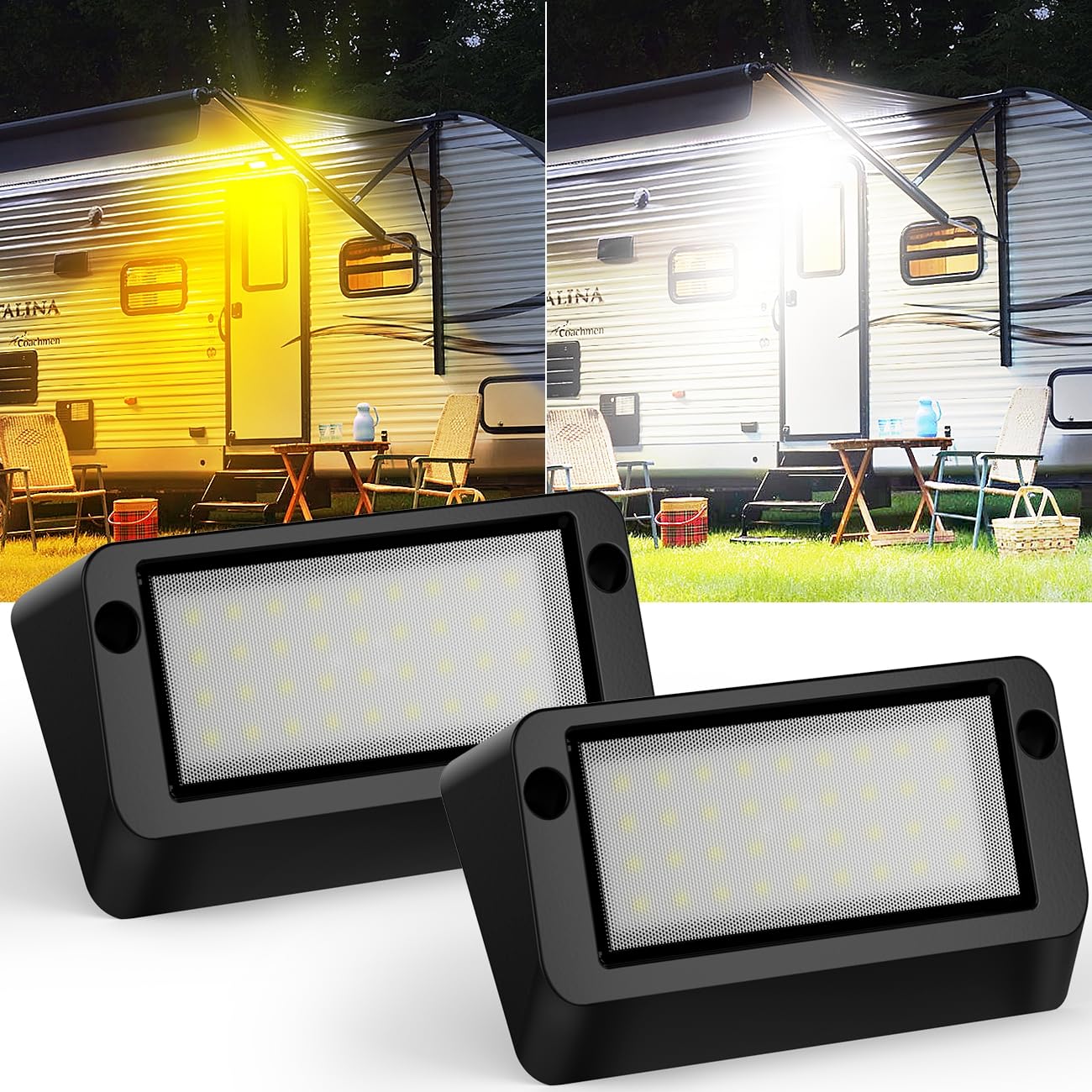 Safoner RV LED Porch Light - IP67 Waterproof, Aluminum, Dual Color White & Amber, 1400LM, 2 Pack, Black Housing