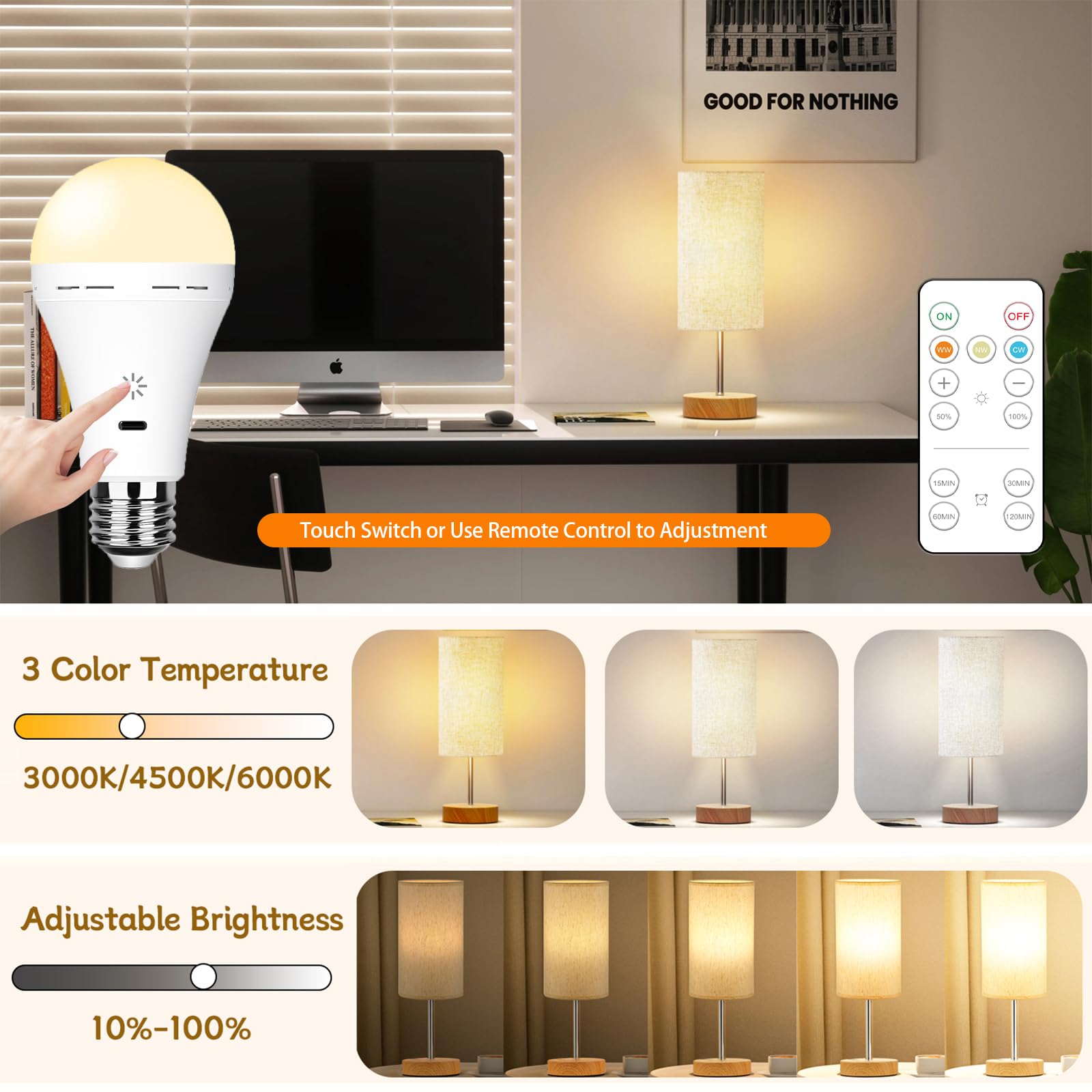 Usb Rechargeable Light Bulb With Remote Control, 3 Color Temperature Led Dimmable Battery Powered Light Bulbs, E26 8W Touch Cont
