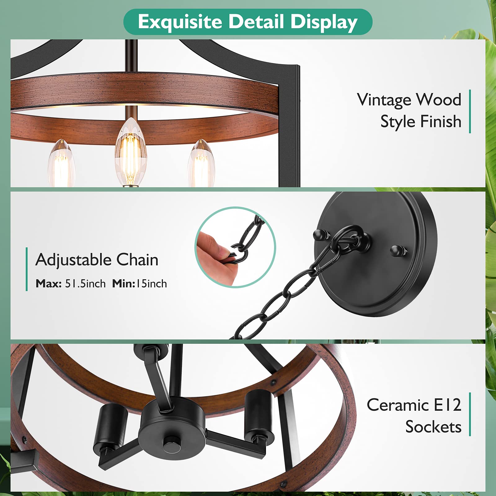 3-Light Rustic Farmhouse Pendant Hanging Light Adjustable Height Max 68In, Convertible Vintage Semi Flush Mount Ceiling Light Fi