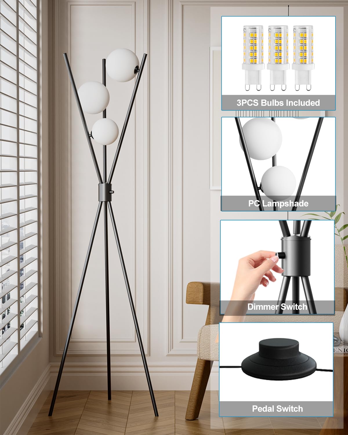 Lightdot Dimmable Black Tripod Floor Lamp, 3 Globe 3000K Bulbs, Modern Mid Century Design