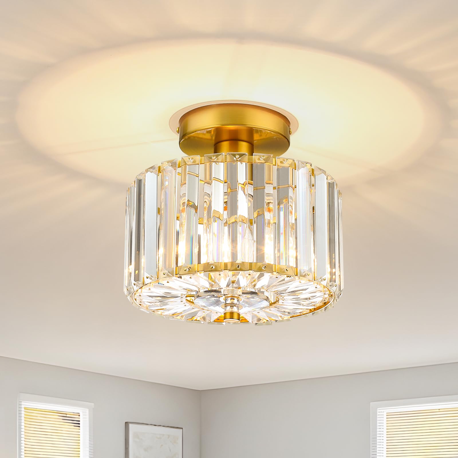 Pasentel Small Crystal Ceiling Light  Modern Mini Flush Mount Crystal Chandelier  Gold Small Chandelier Light Fixture  Entryway Lighting Fixture For Kitchen Hallway Laundry Room  1-Light  Sf004-1-G