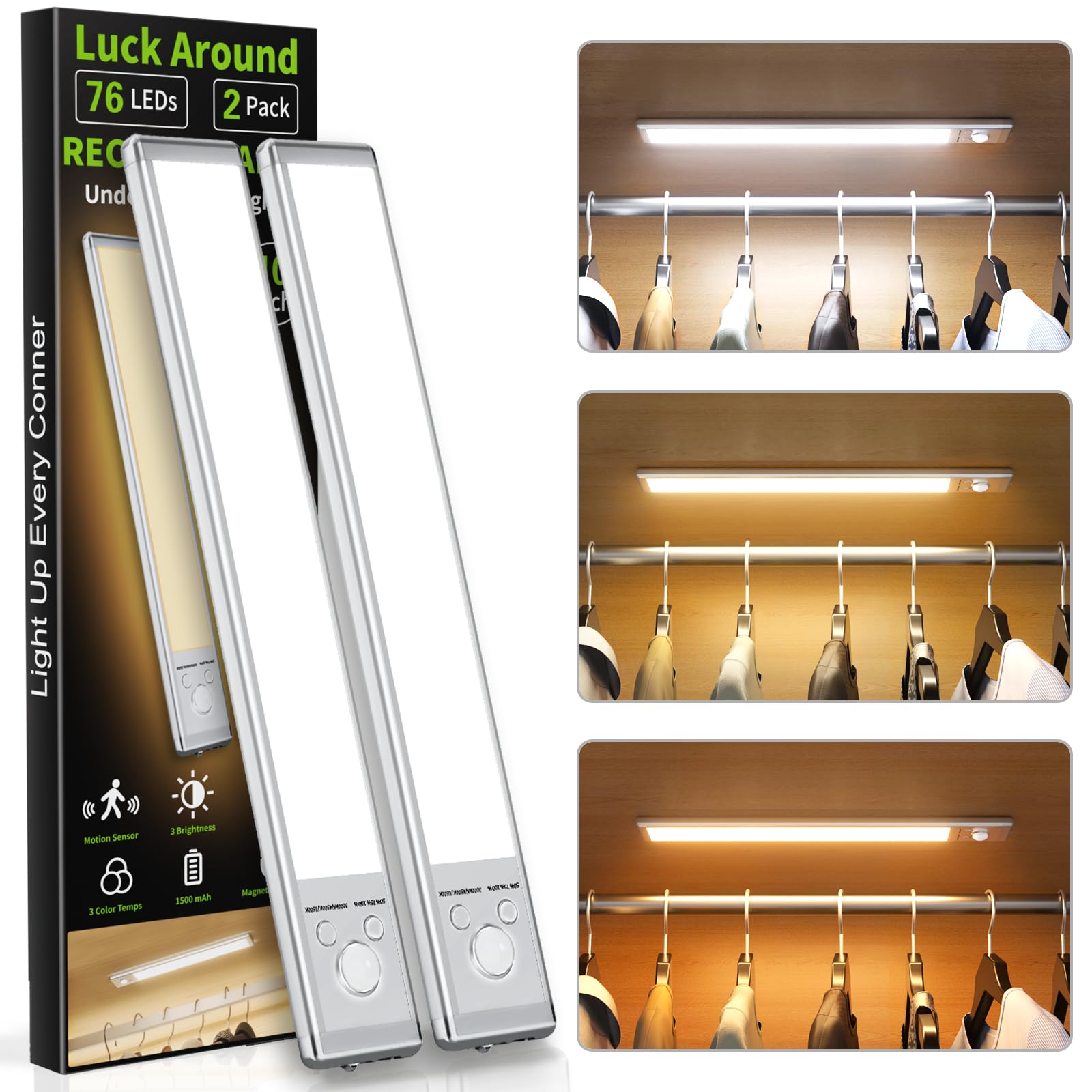 Under Cabinet Lights,1500mAh Rechargeable Closet Lights, 76 LED Operated Motion Sensor Light Indoor, Magnetic Under Counter Ligh