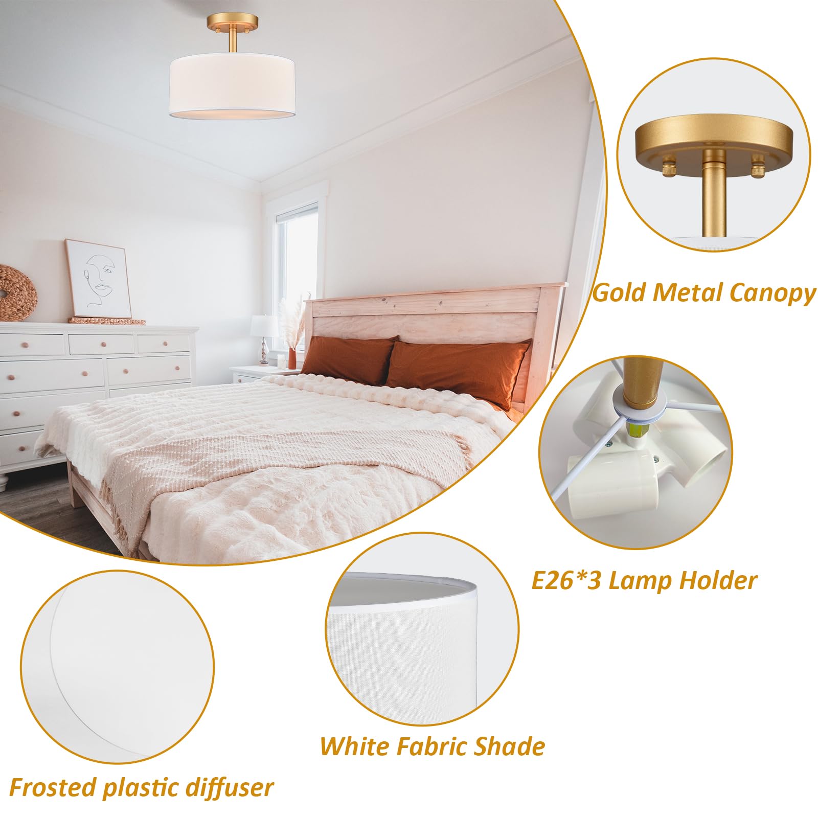 AXILAND Ceiling Light Fixture, Gold Metal, 3-Light Drum Design, Model T7214-3CU-J, Semi Flush Mount for Hallway, Bedroom, Office