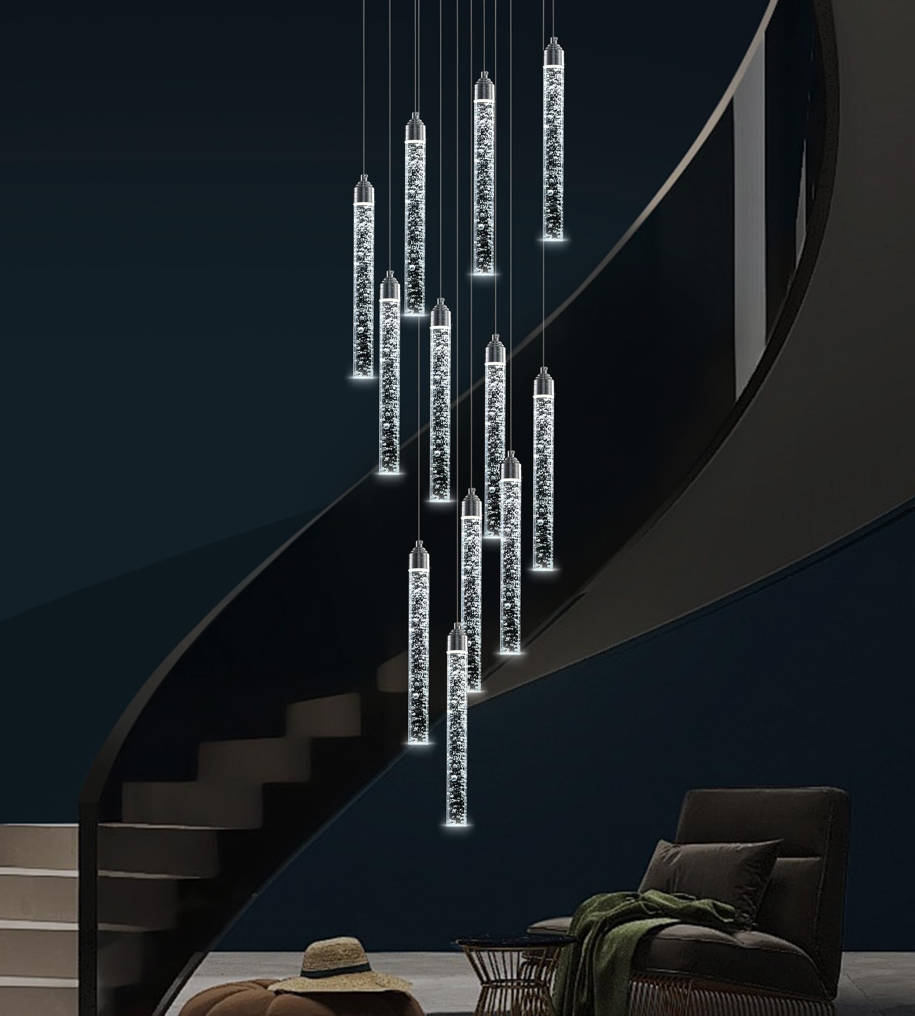 YwueChwu 12-Lights High Ceiling Crystal Staircase Chandelier Chrome, Modern Spiral Raindrop Dimmable LED Bubble Cluster Ceiling