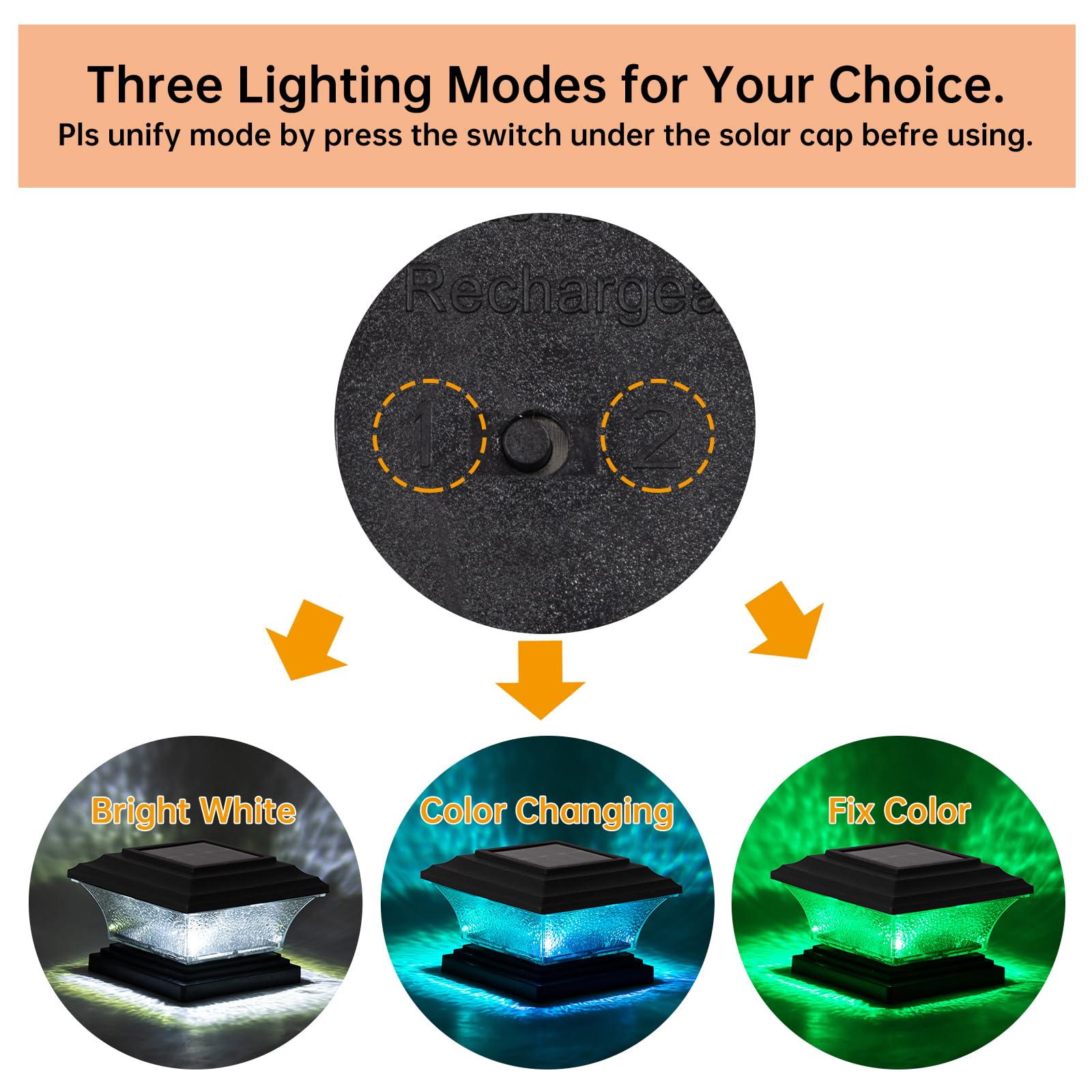 HUYIENO Solar Post Cap Lights - LED Deck Fence Light with 9 Modes, 2pk, Black, for 4x4 & 5x5 Wooden Posts, Model HY1238