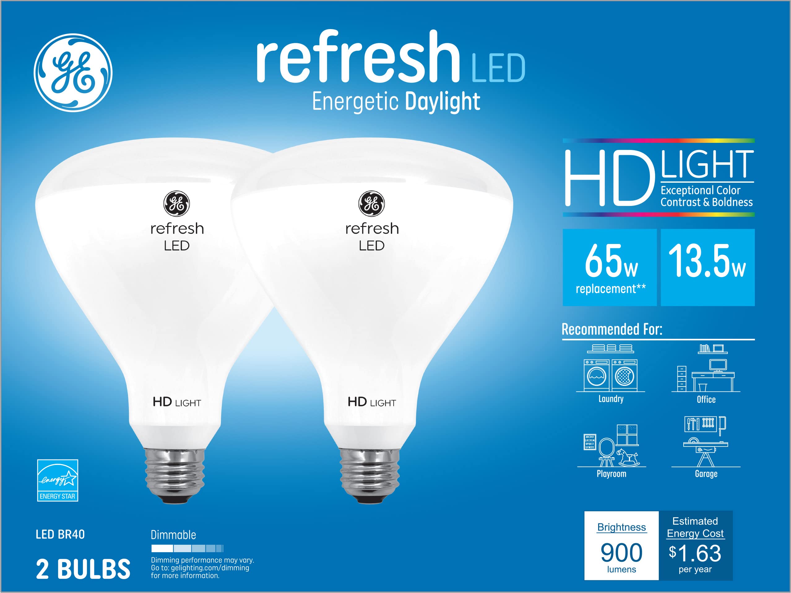GE Refresh BR30 Indoor Floodlight Bulbs, 65W Equivalent, Daylight, 2 Pack, Plastic