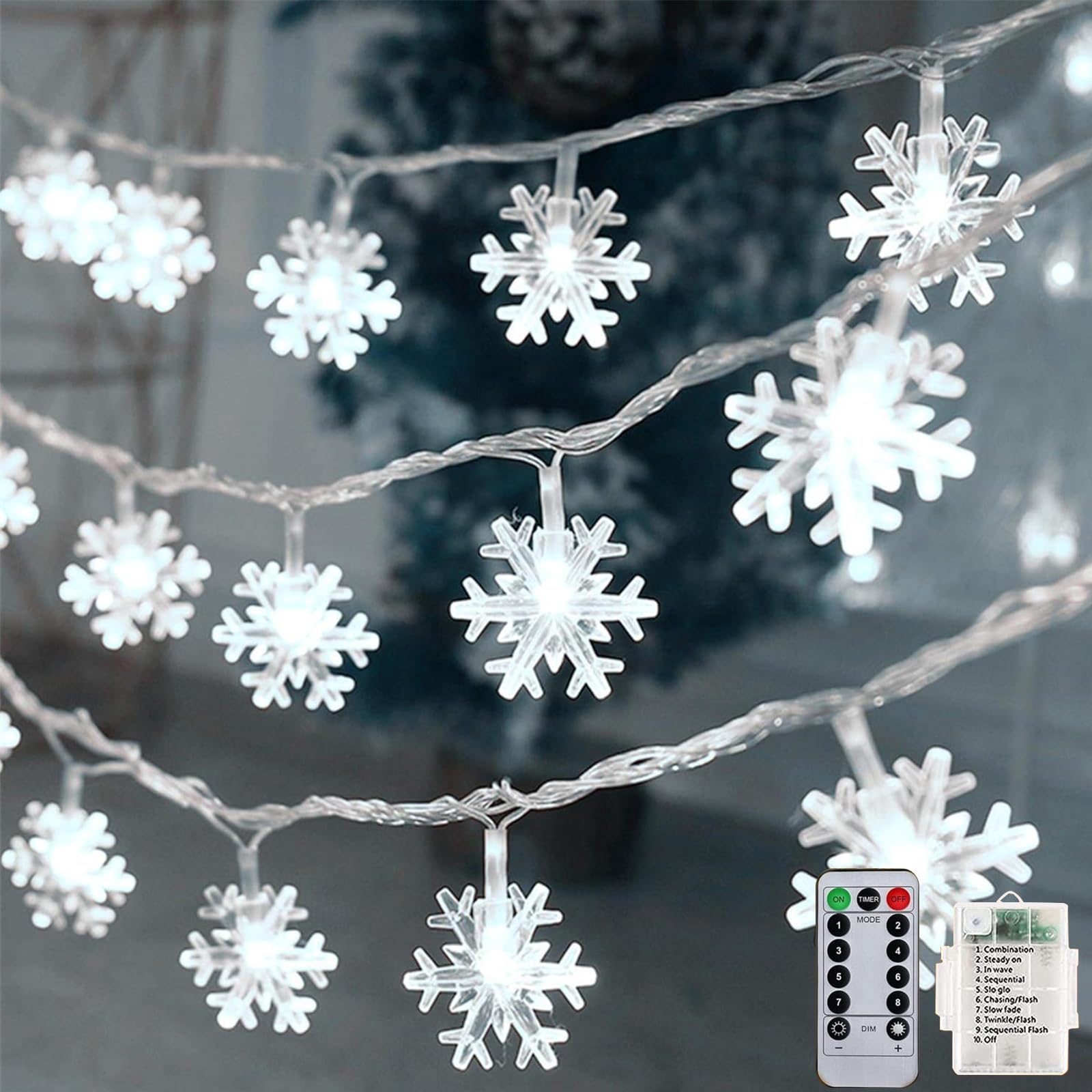 colcutee Christmas Snowflake Lights, 20ft 40LED 8 Modes & Timer Battery Operated Christmas Decorations Lights with Remote Control, Fairy Lights for Indoor Outdoor Holiday Party Decorations (White)